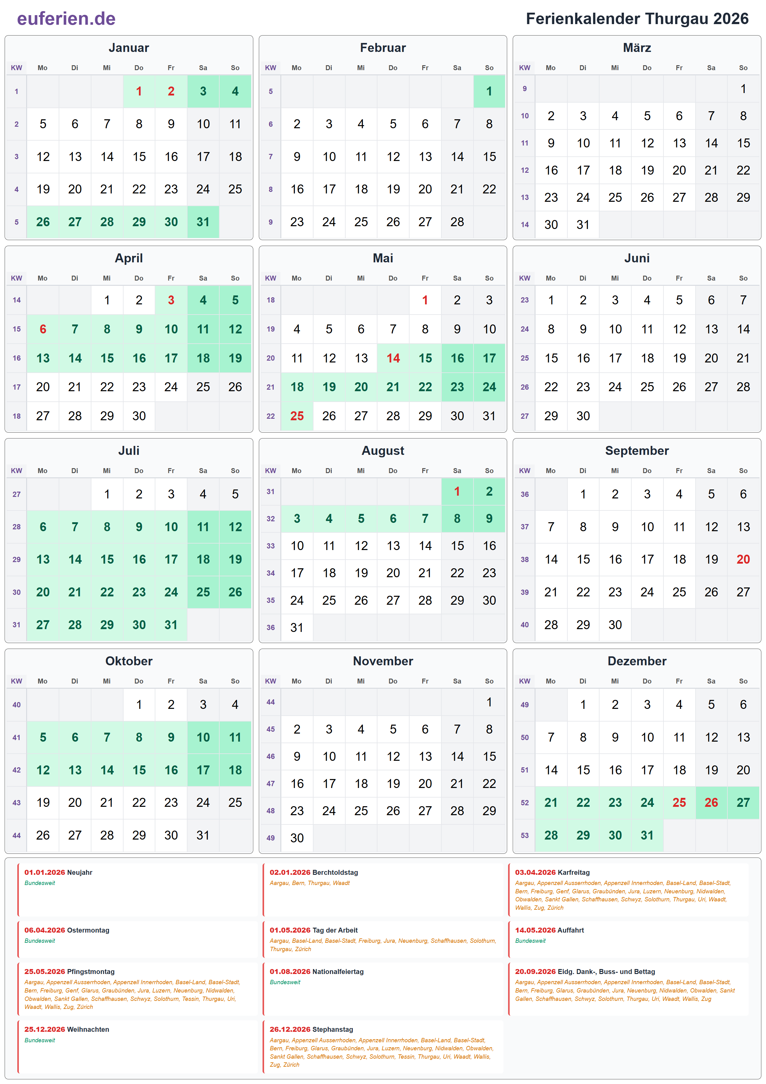 Ferienkalender Thurgau 2026 – Hochformat