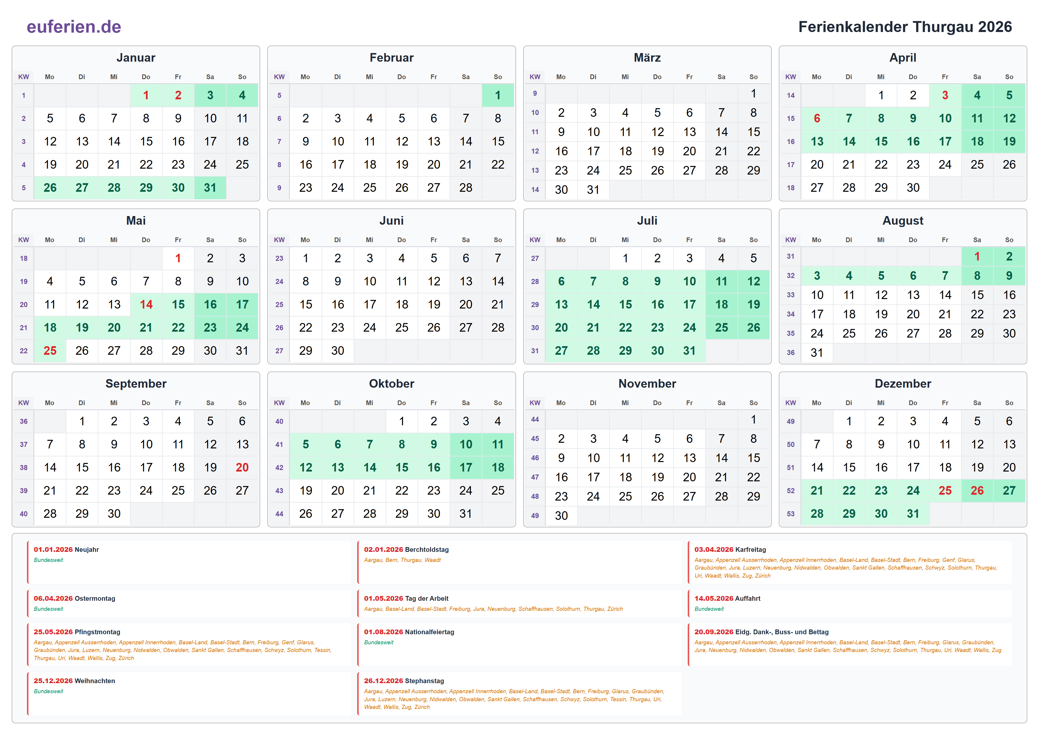 Ferienkalender Thurgau 2026 – Querformat