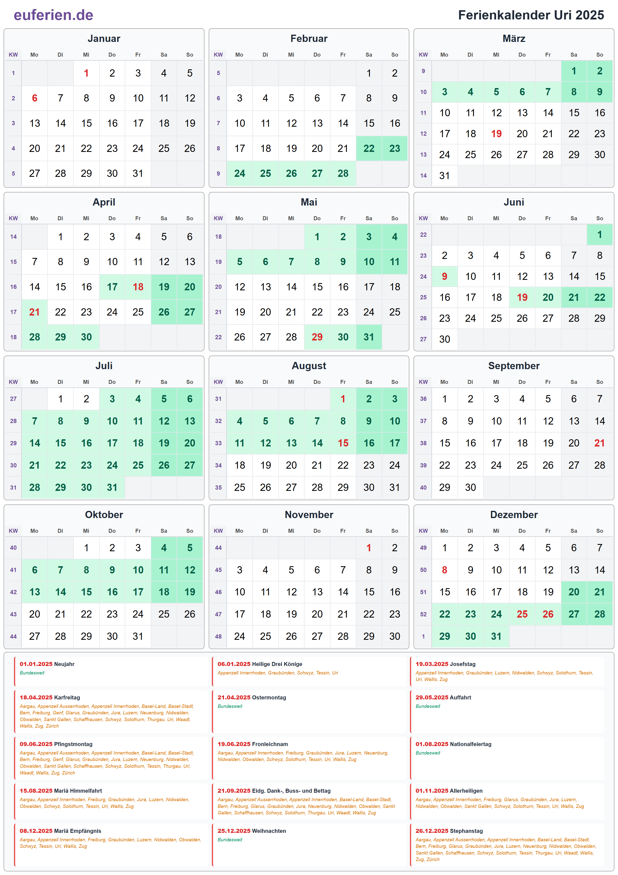 Ferienkalender Uri 2025 – Hochformat