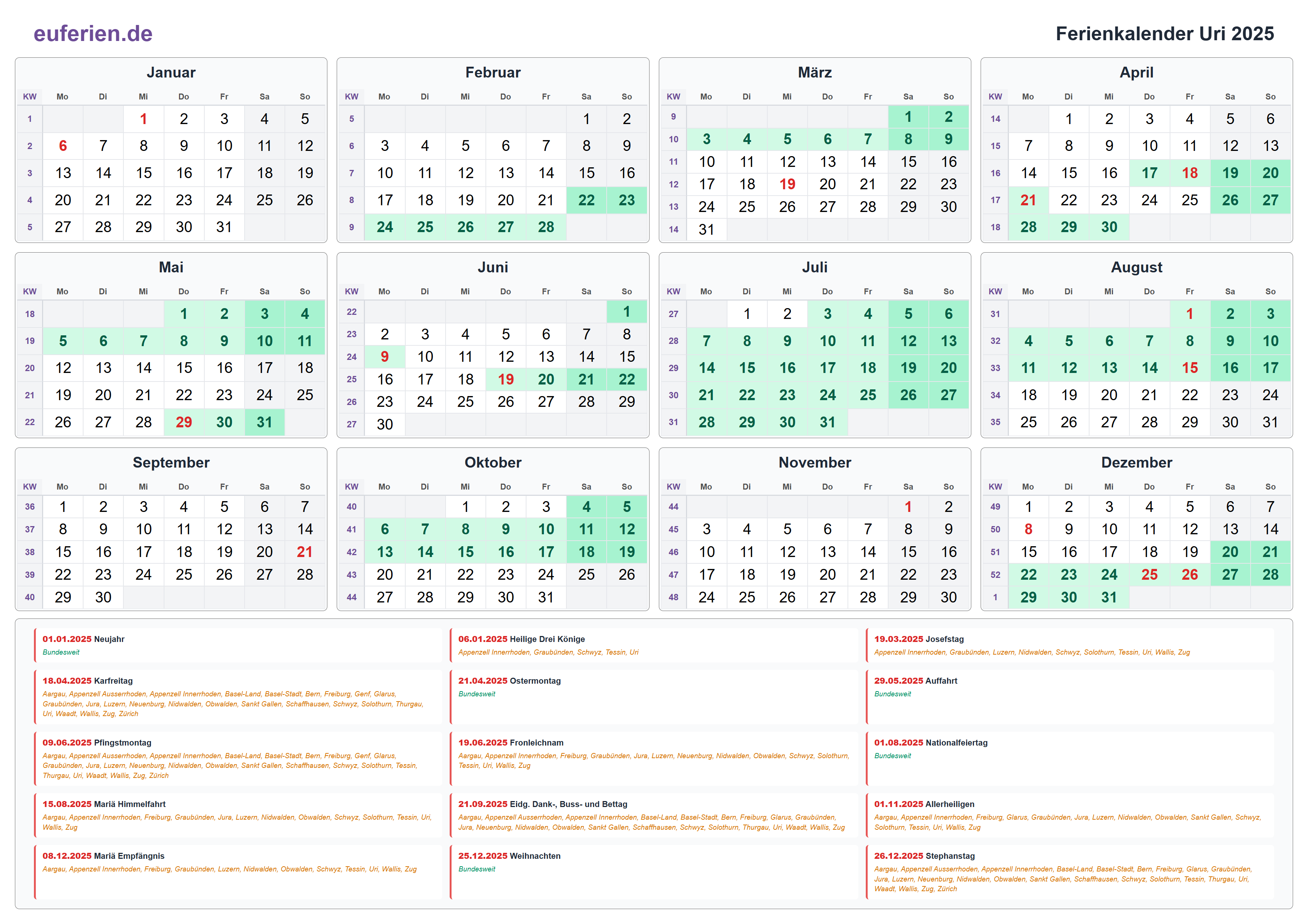 Ferienkalender Uri 2025 – Querformat