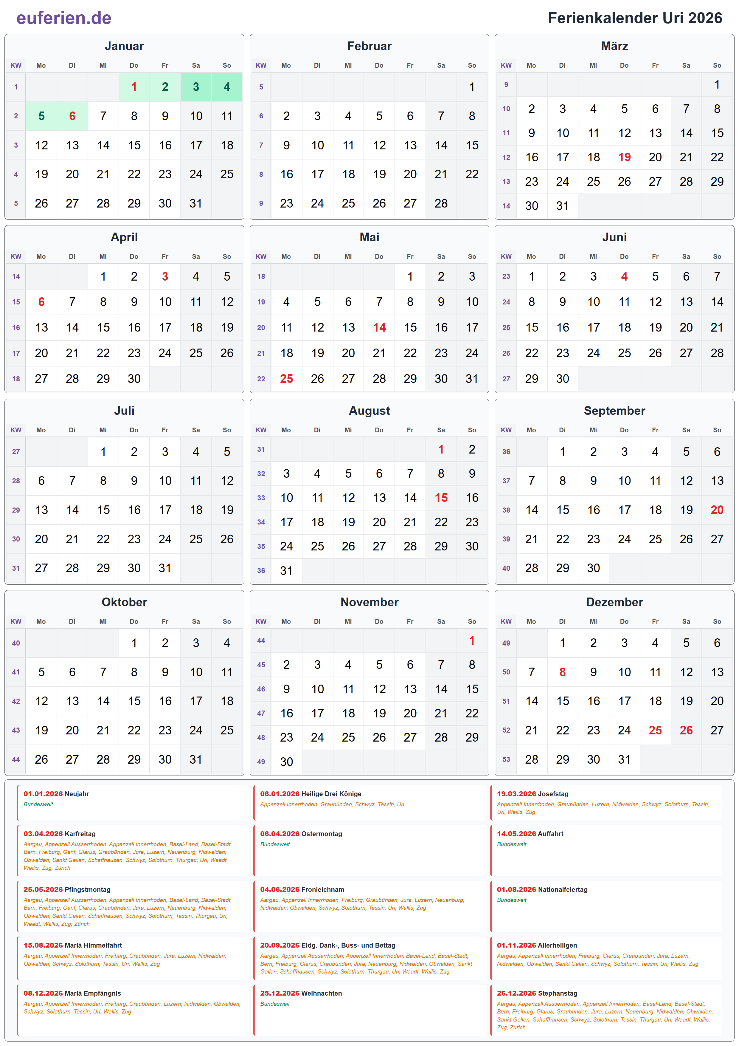 Ferienkalender Uri 2026 – Hochformat