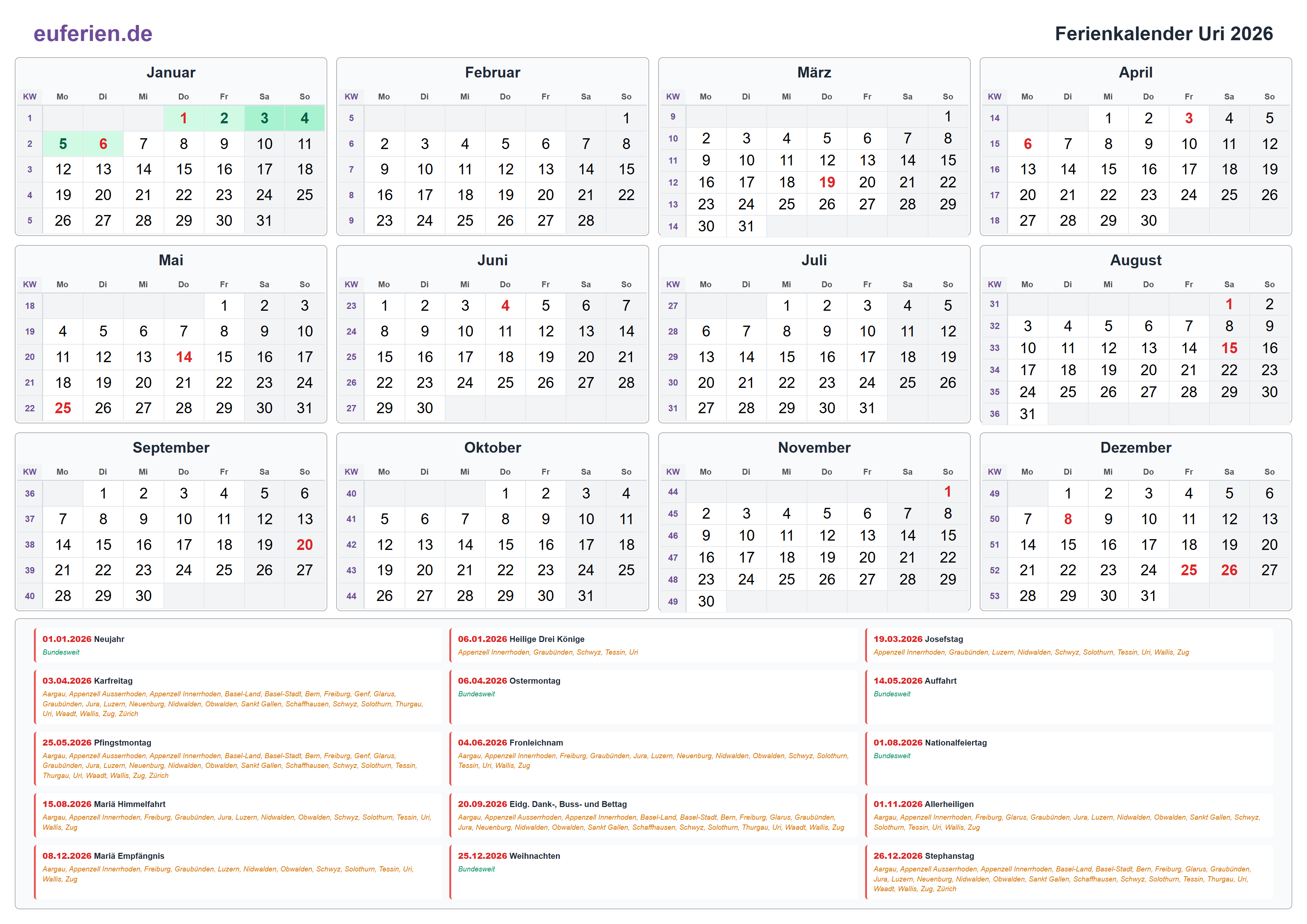 Ferienkalender Uri 2026 – Querformat