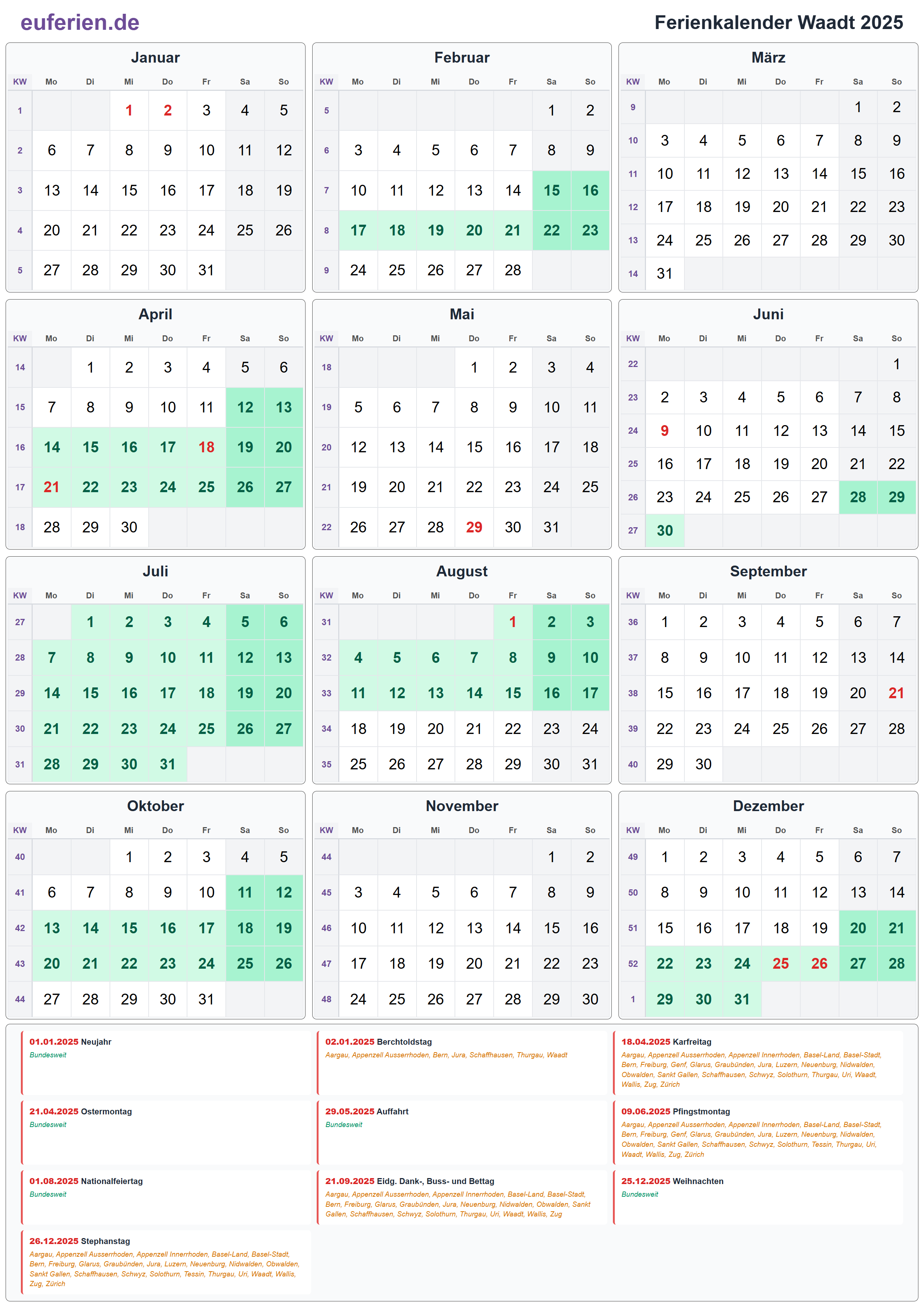 Ferienkalender Waadt 2025 – Hochformat