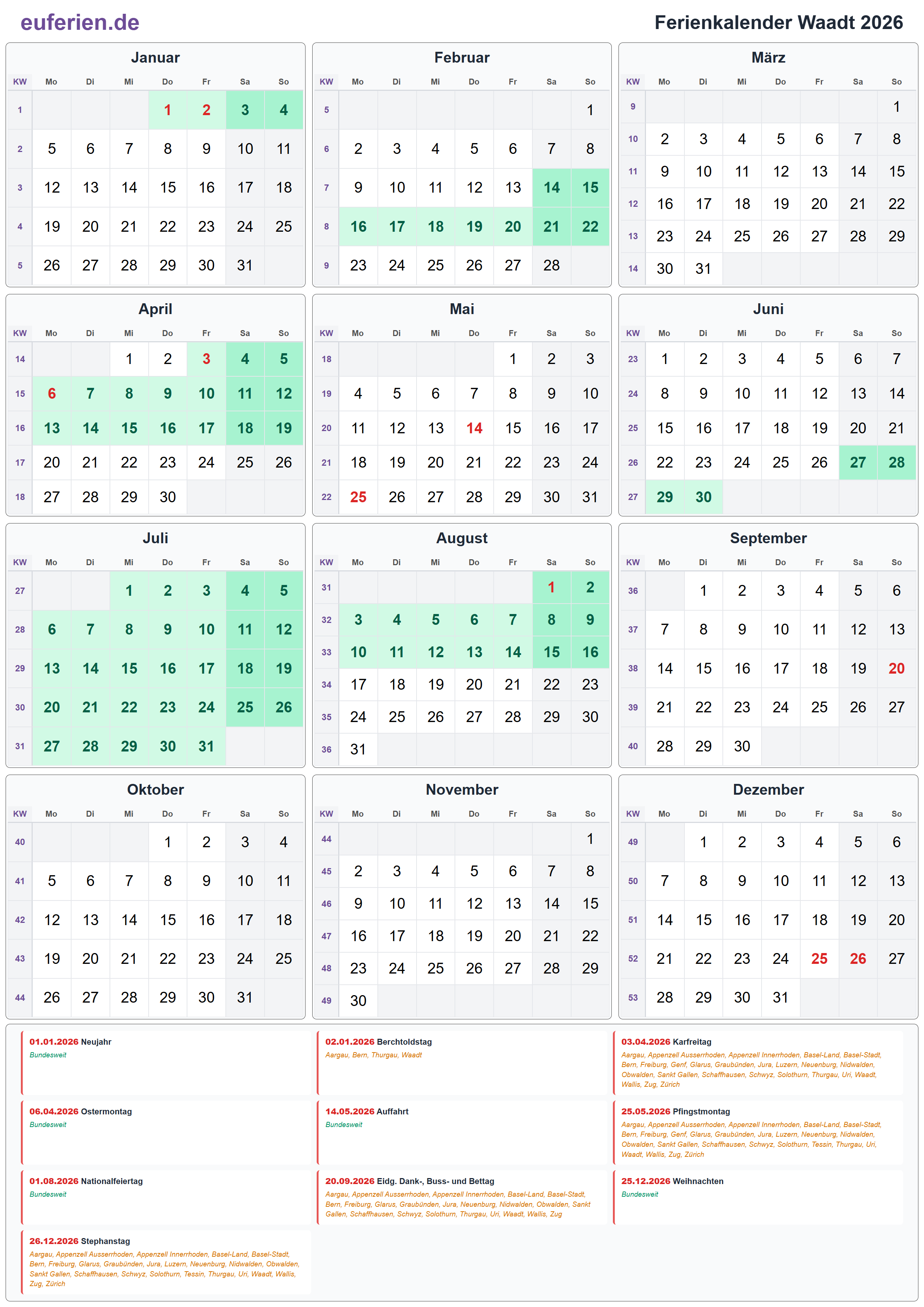 Ferienkalender Waadt 2026 – Hochformat