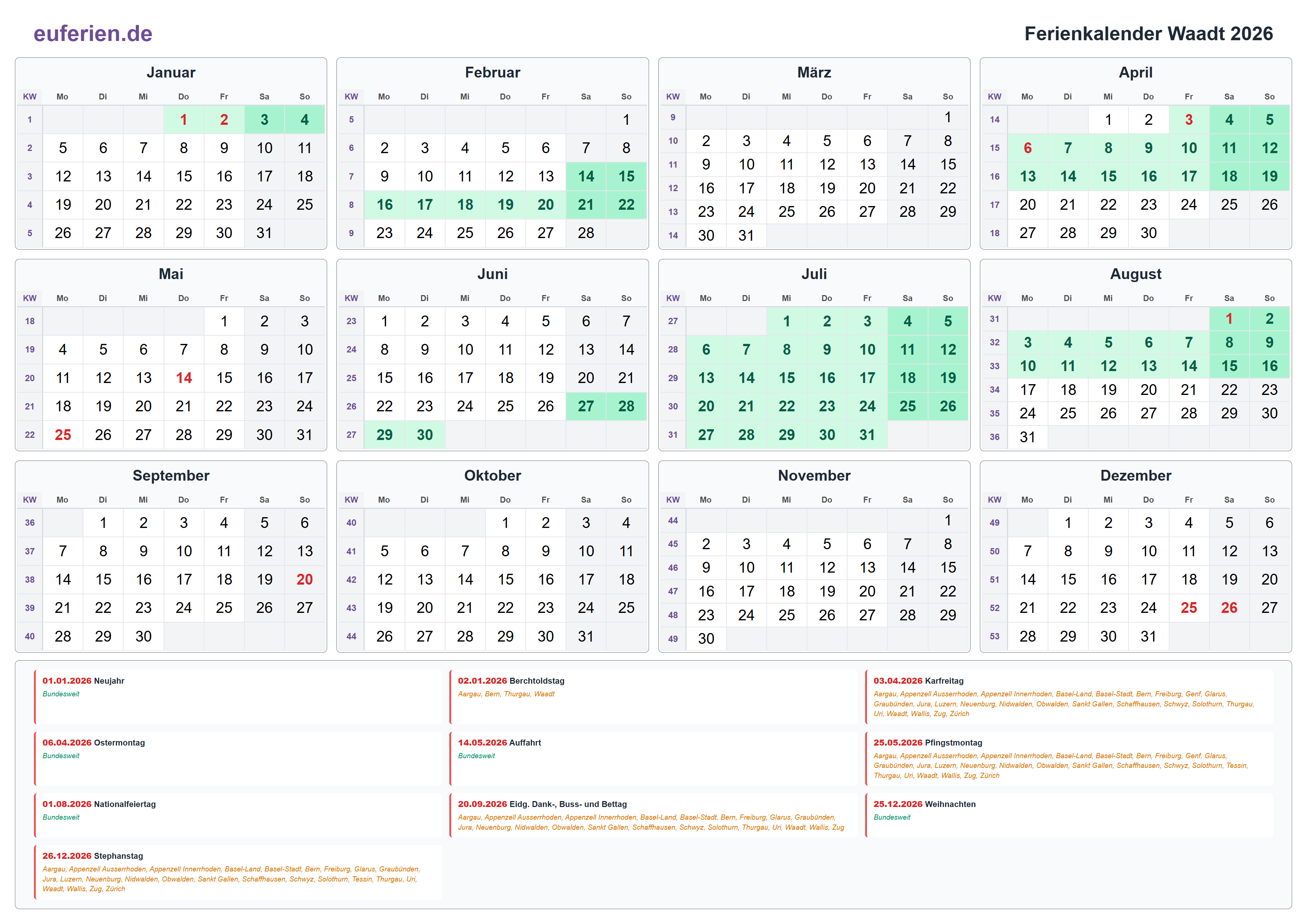 Ferienkalender Waadt 2026 – Querformat