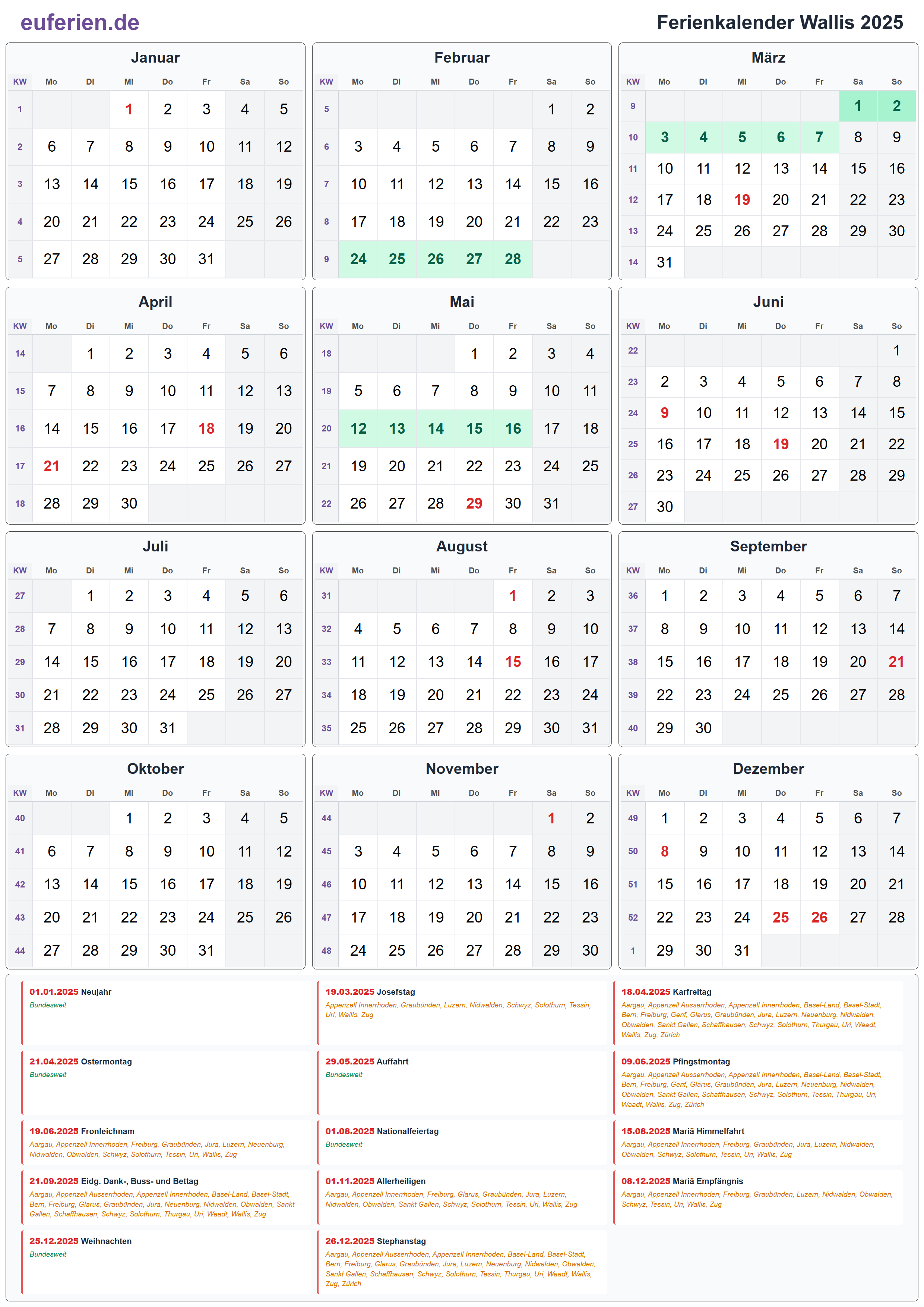 Ferienkalender Wallis 2025 – Hochformat