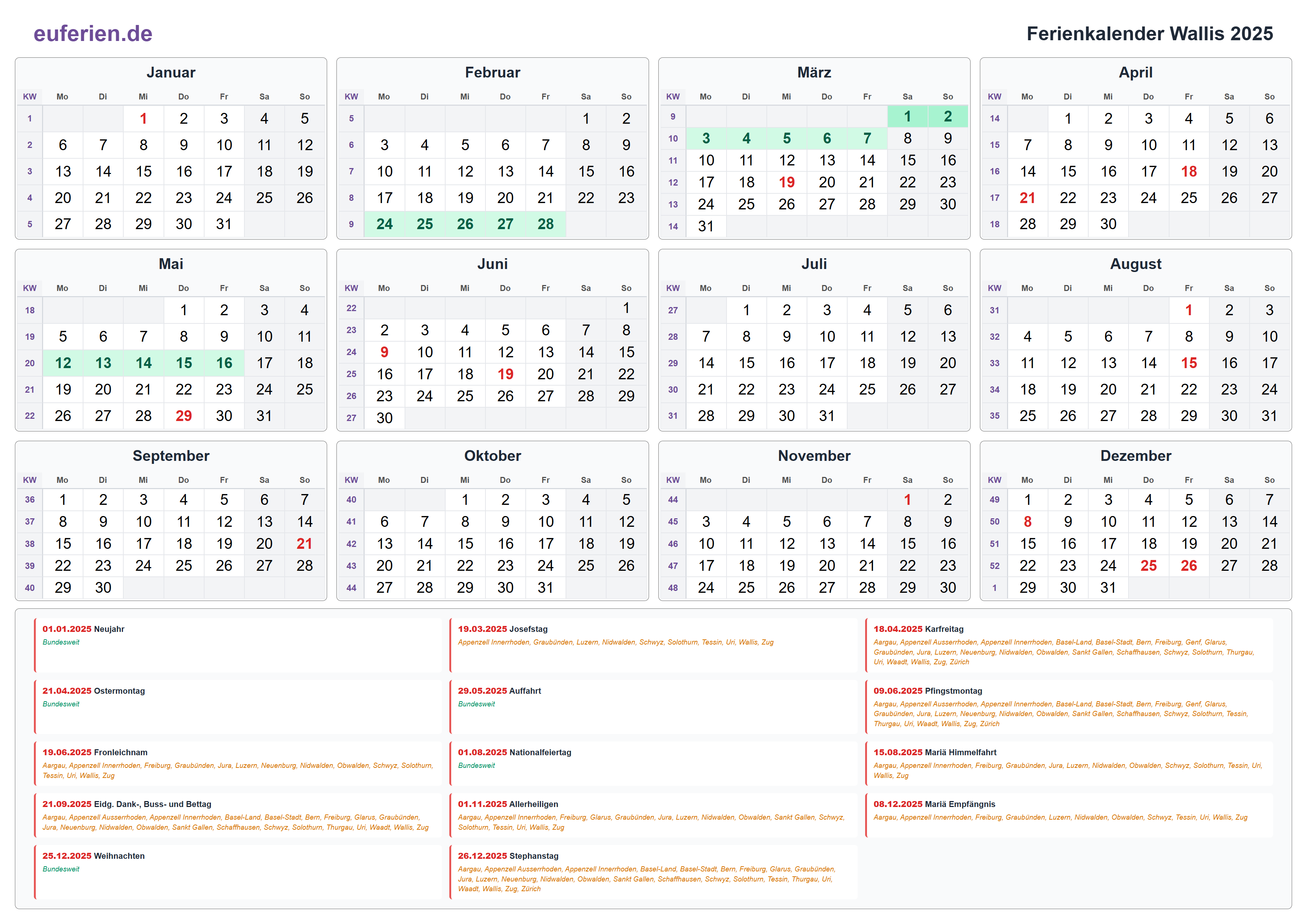 Ferienkalender Wallis 2025 – Querformat