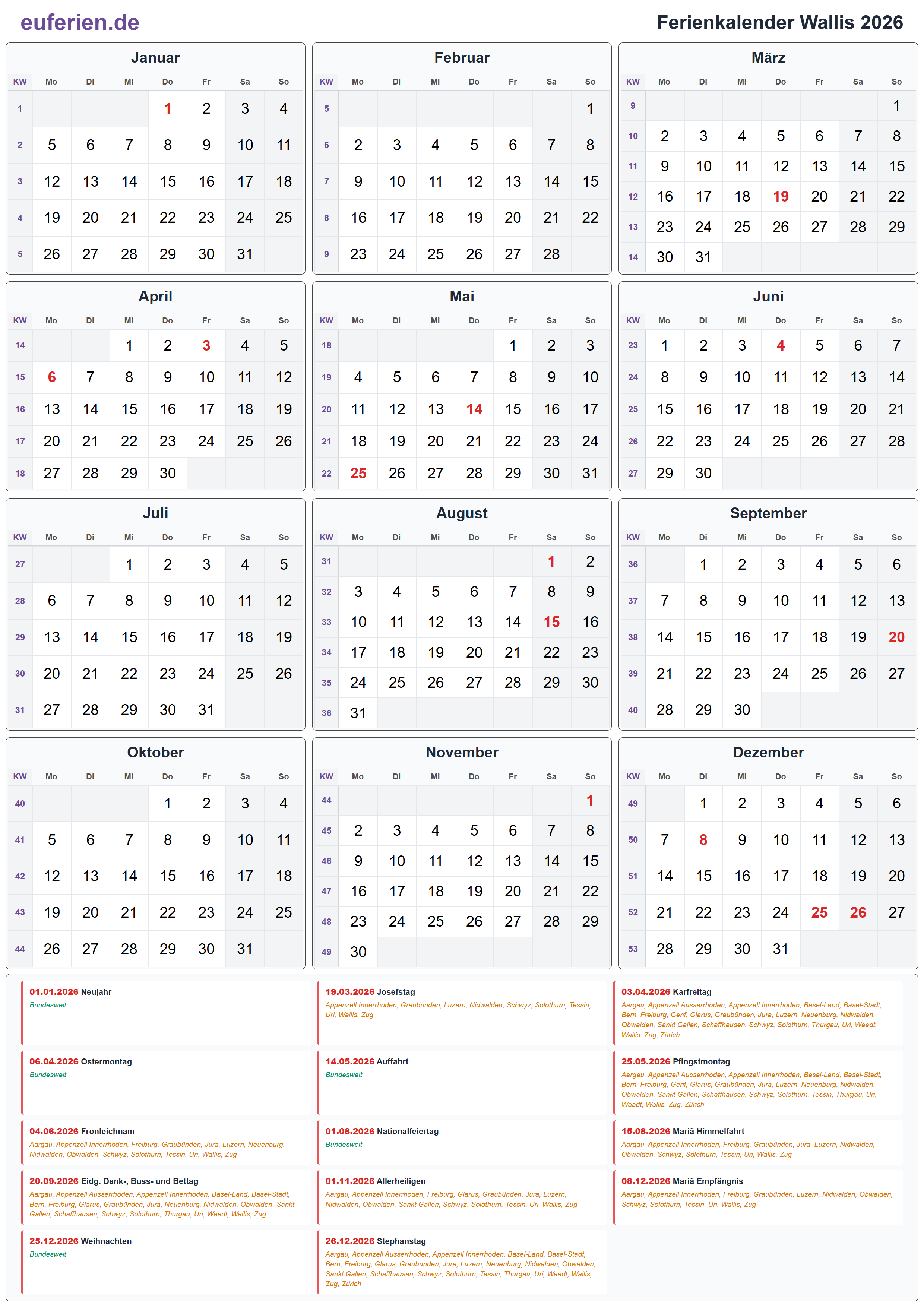 Ferienkalender Wallis 2026 – Hochformat