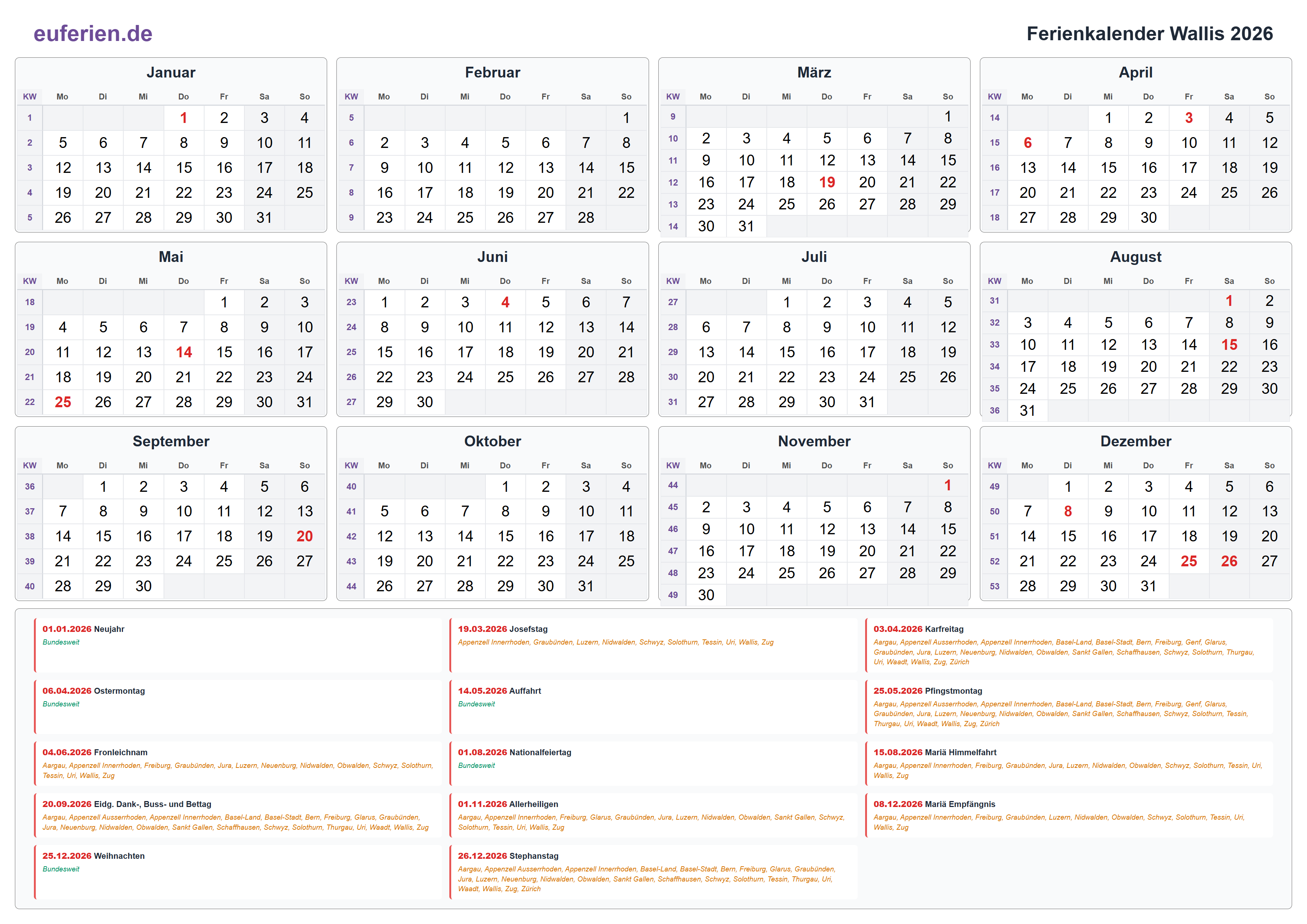 Ferienkalender Wallis 2026 – Querformat