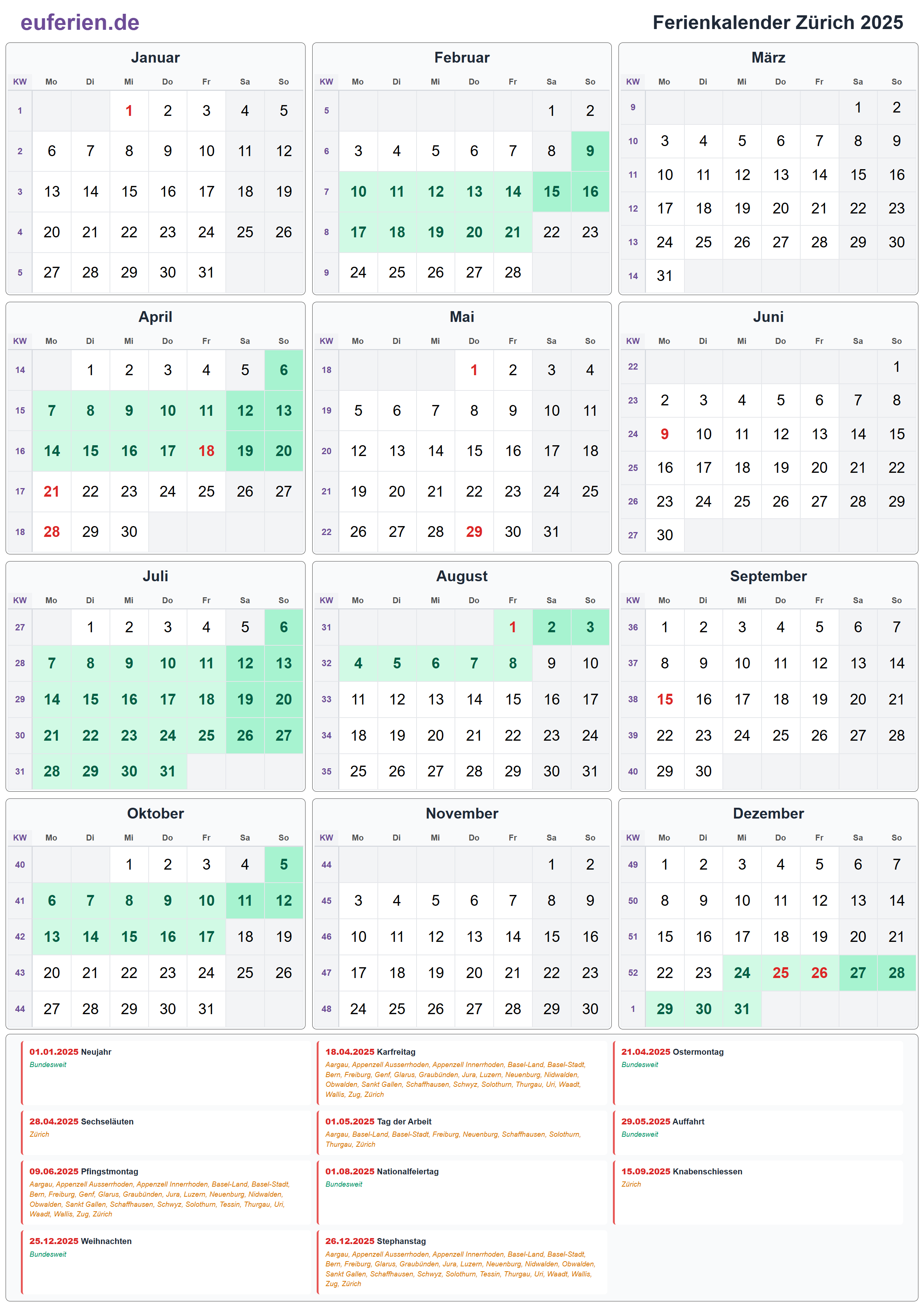 Ferienkalender Zürich 2025 – Hochformat