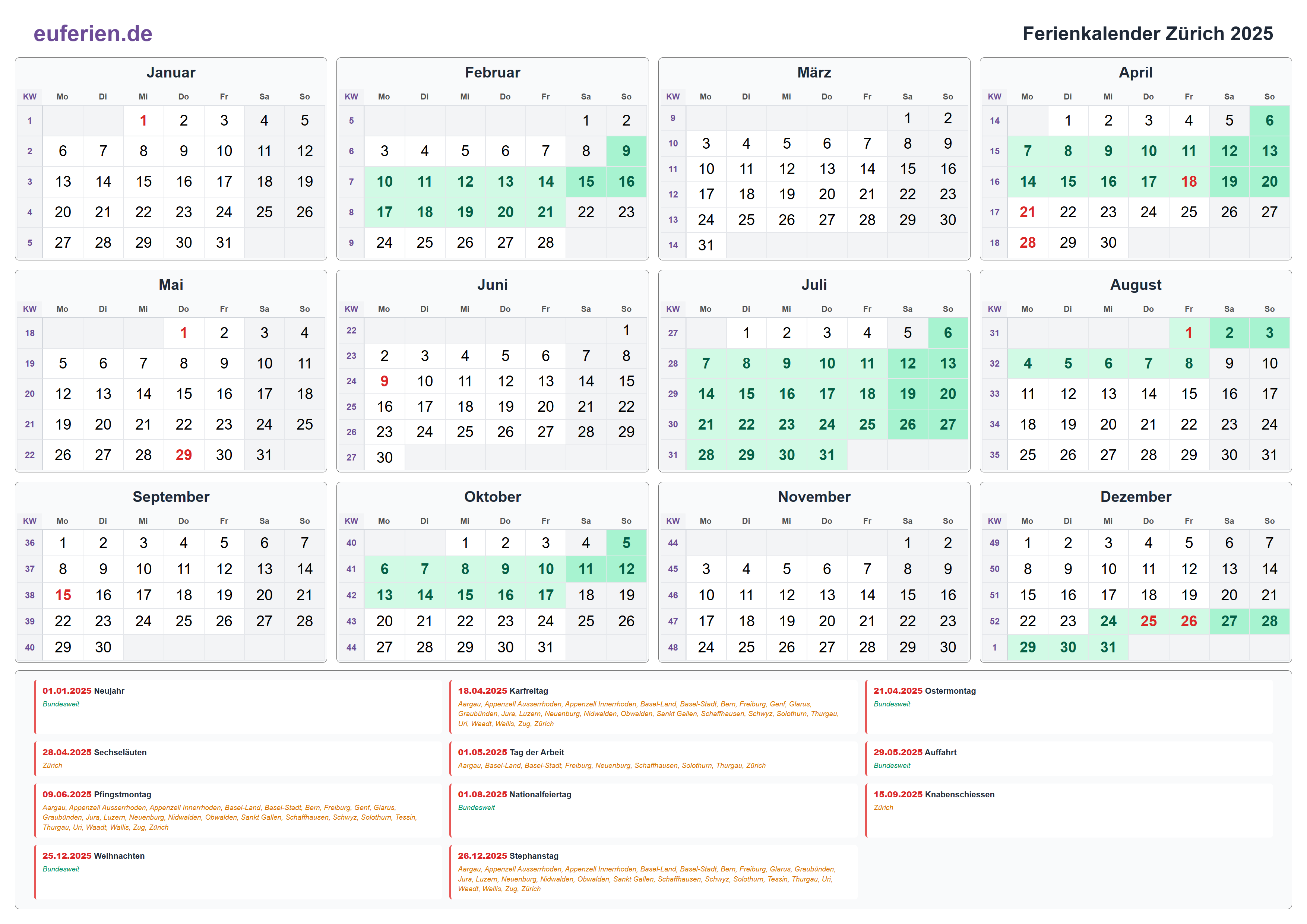 Ferienkalender Zürich 2025 – Querformat