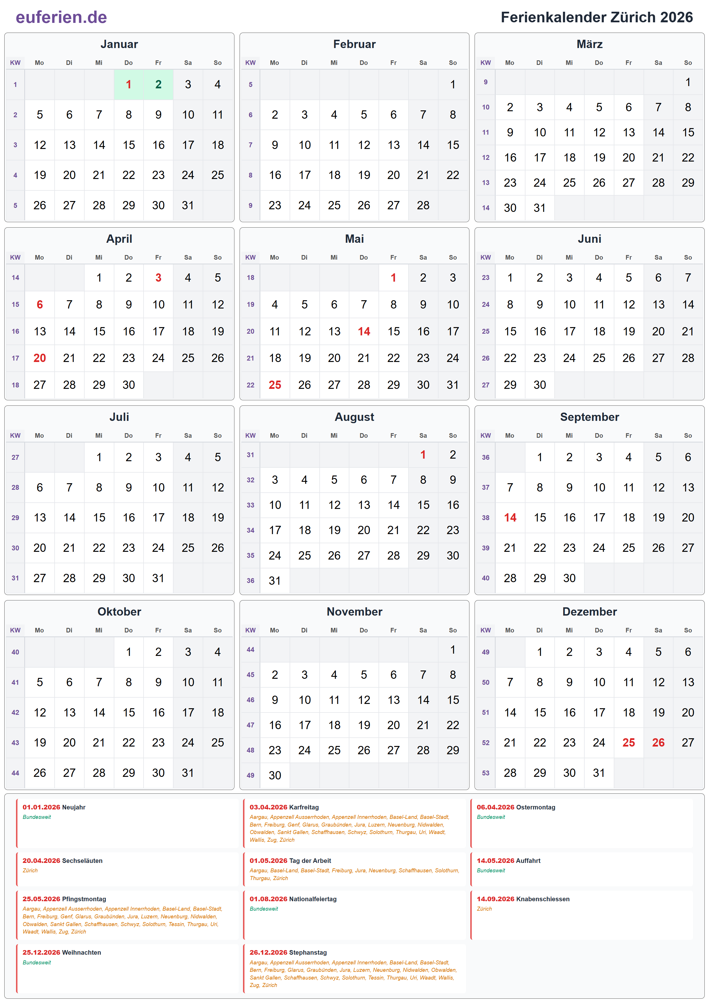 Ferienkalender Zürich 2026 – Hochformat