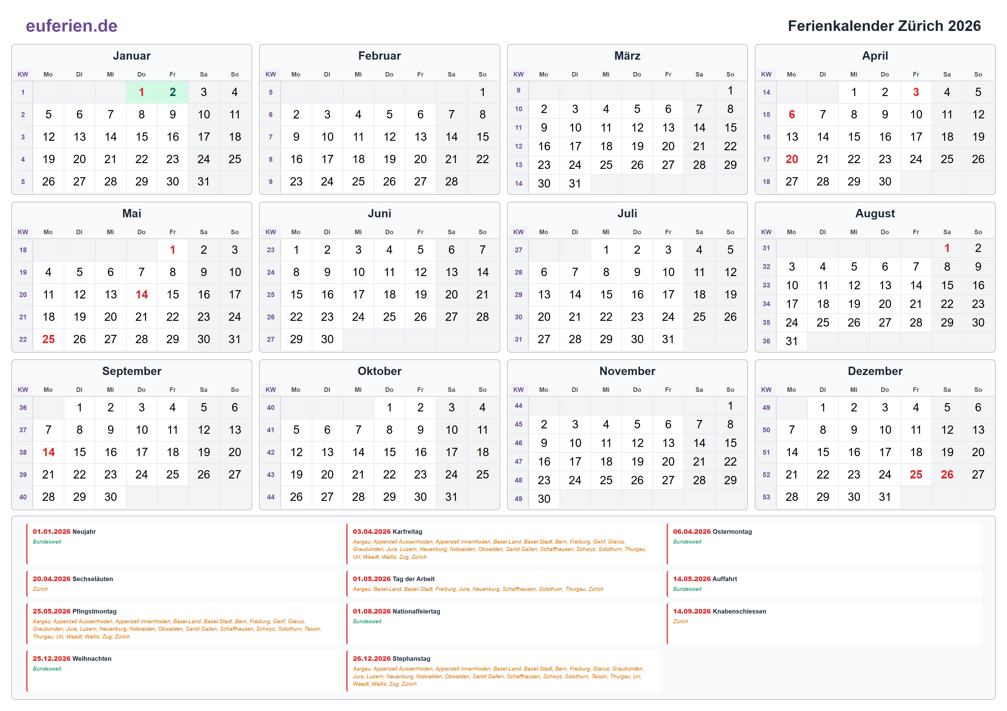 Ferienkalender Zürich 2026 – Querformat