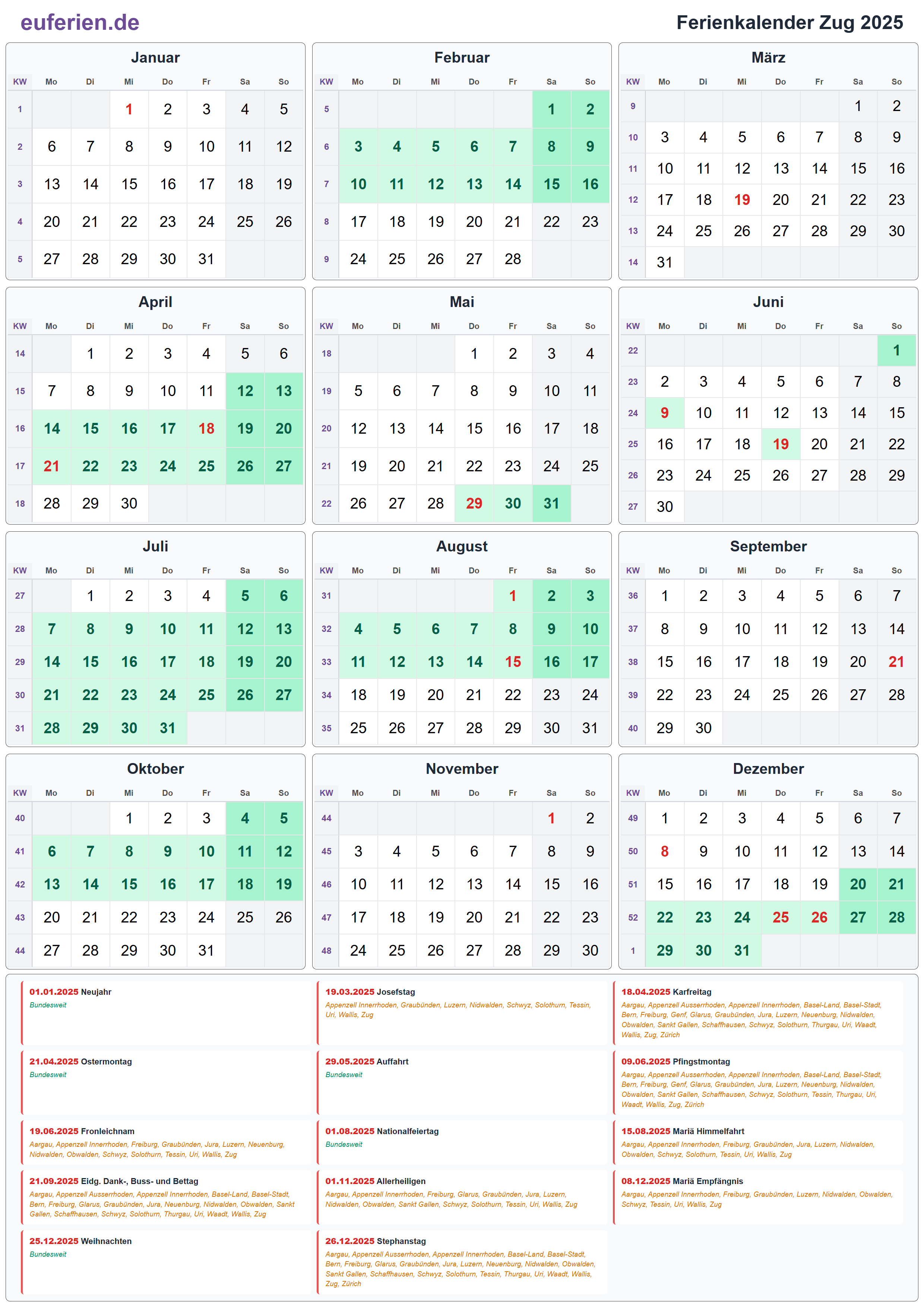 Ferienkalender Zug 2025 – Hochformat