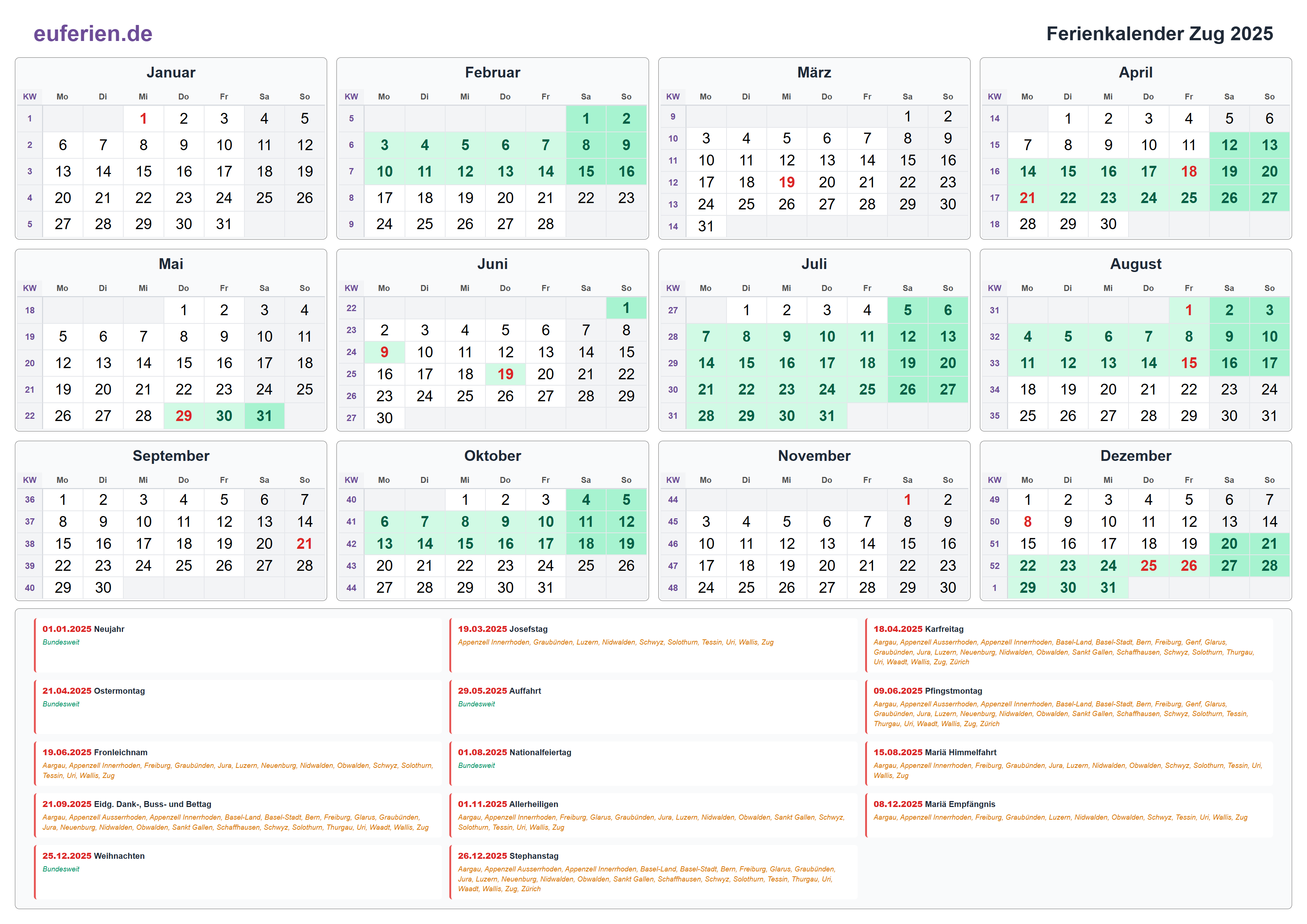 Ferienkalender Zug 2025 – Querformat