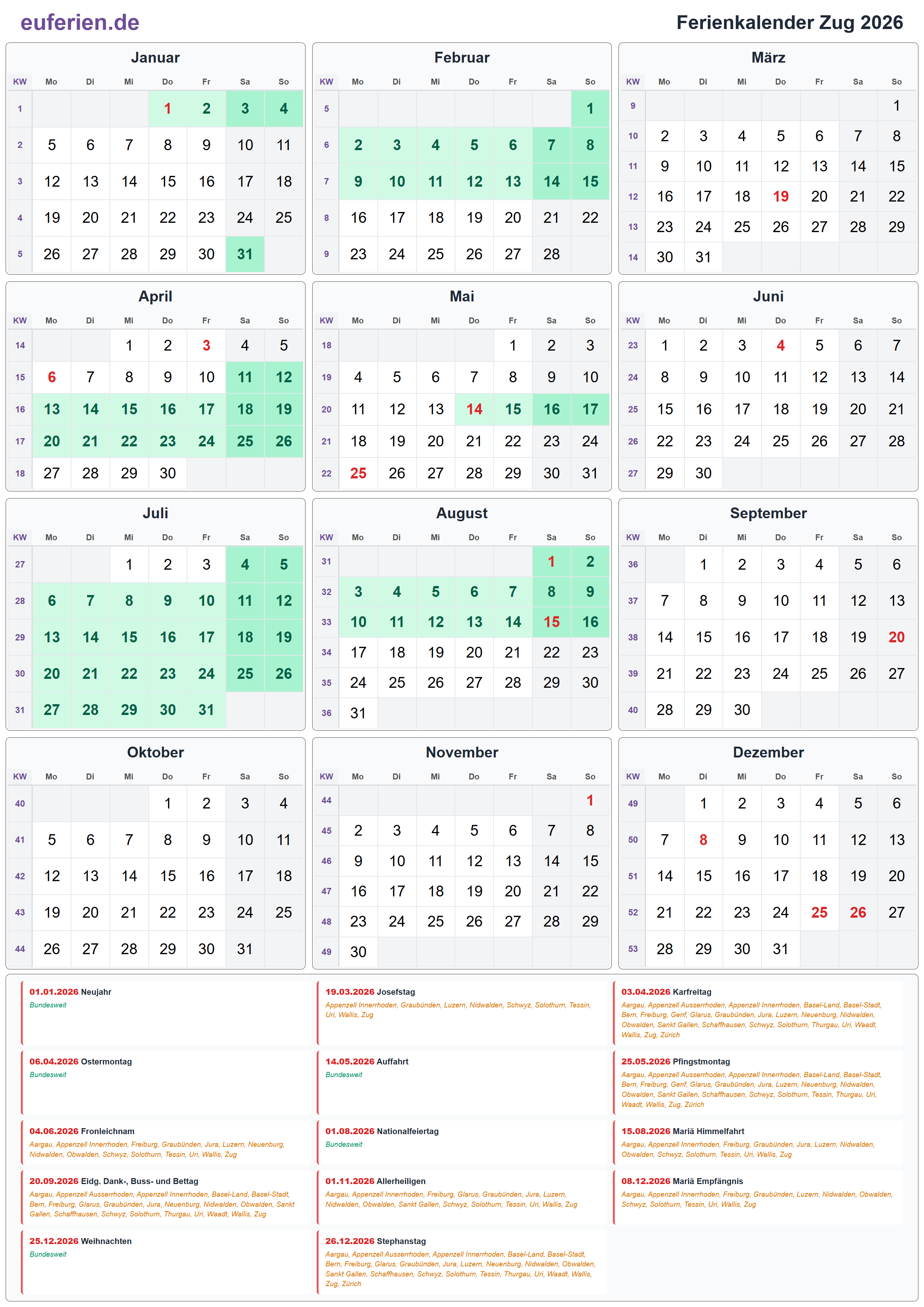 Ferienkalender Zug 2026 – Hochformat