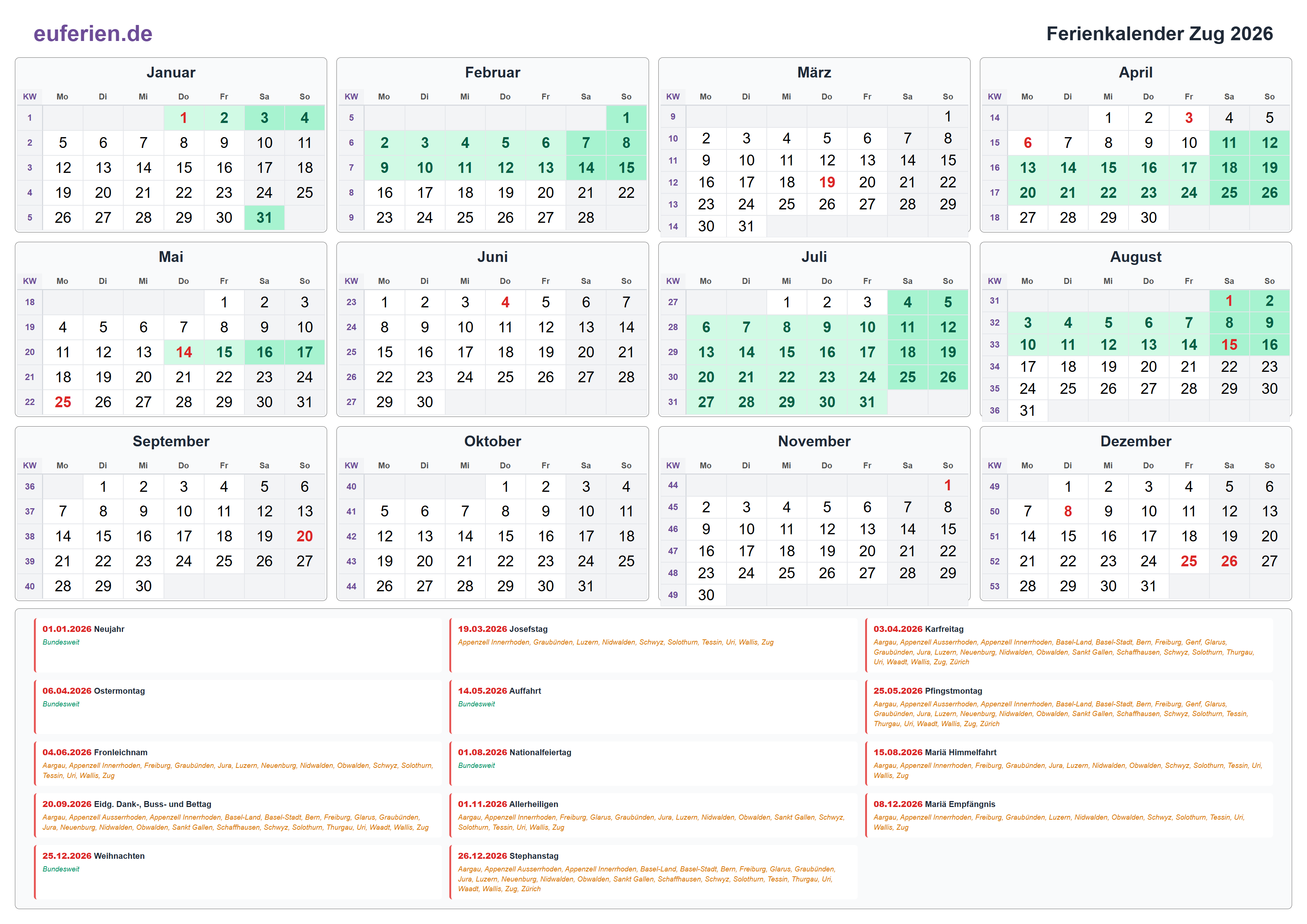 Ferienkalender Zug 2026 – Querformat