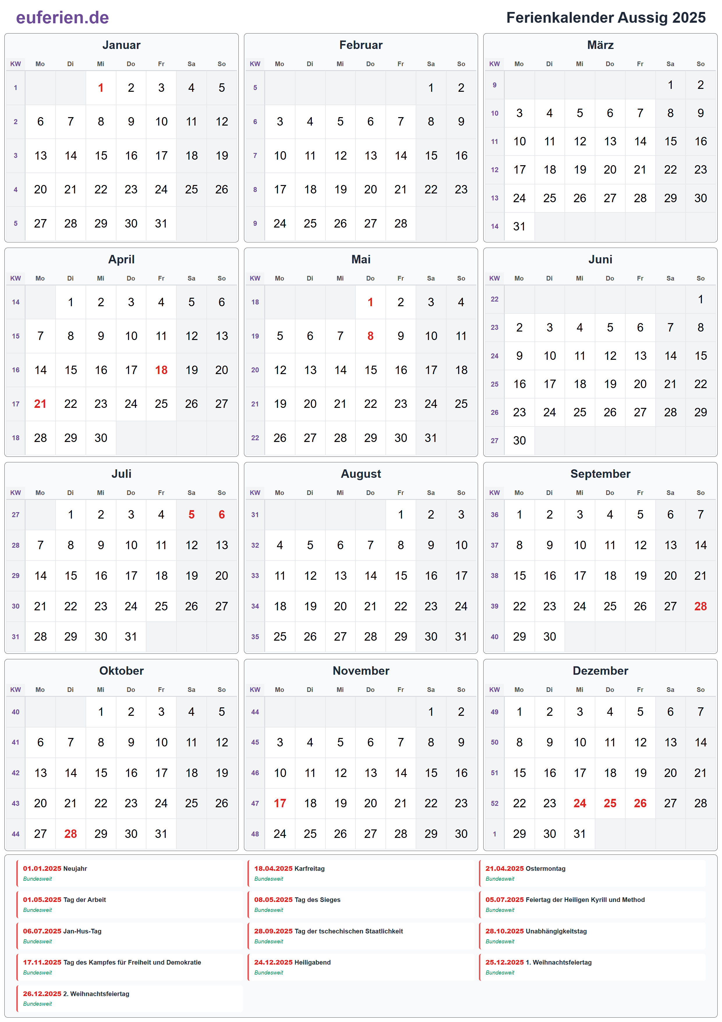 Ferienkalender Aussig 2025 – Hochformat