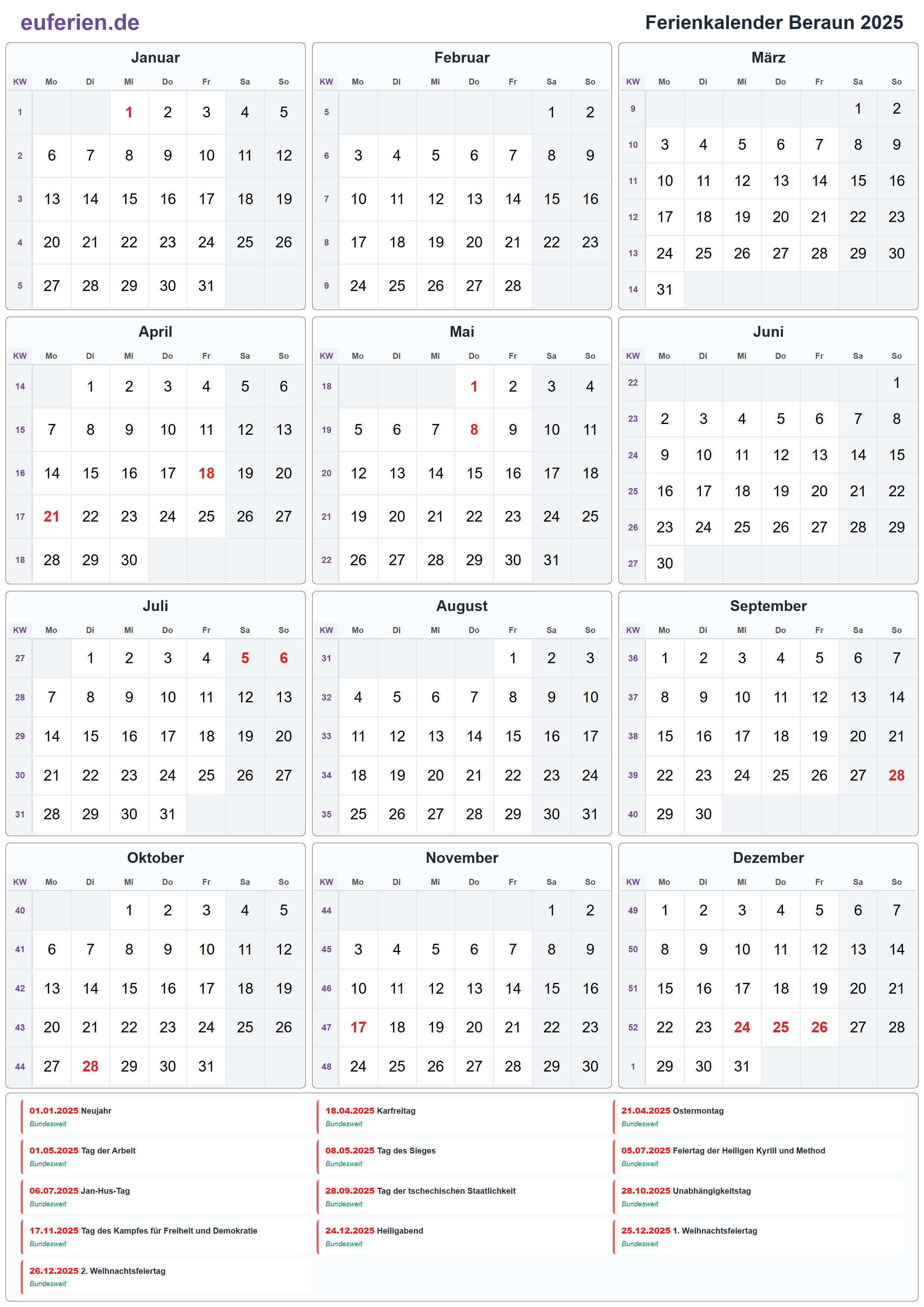 Ferienkalender Beraun 2025 – Hochformat