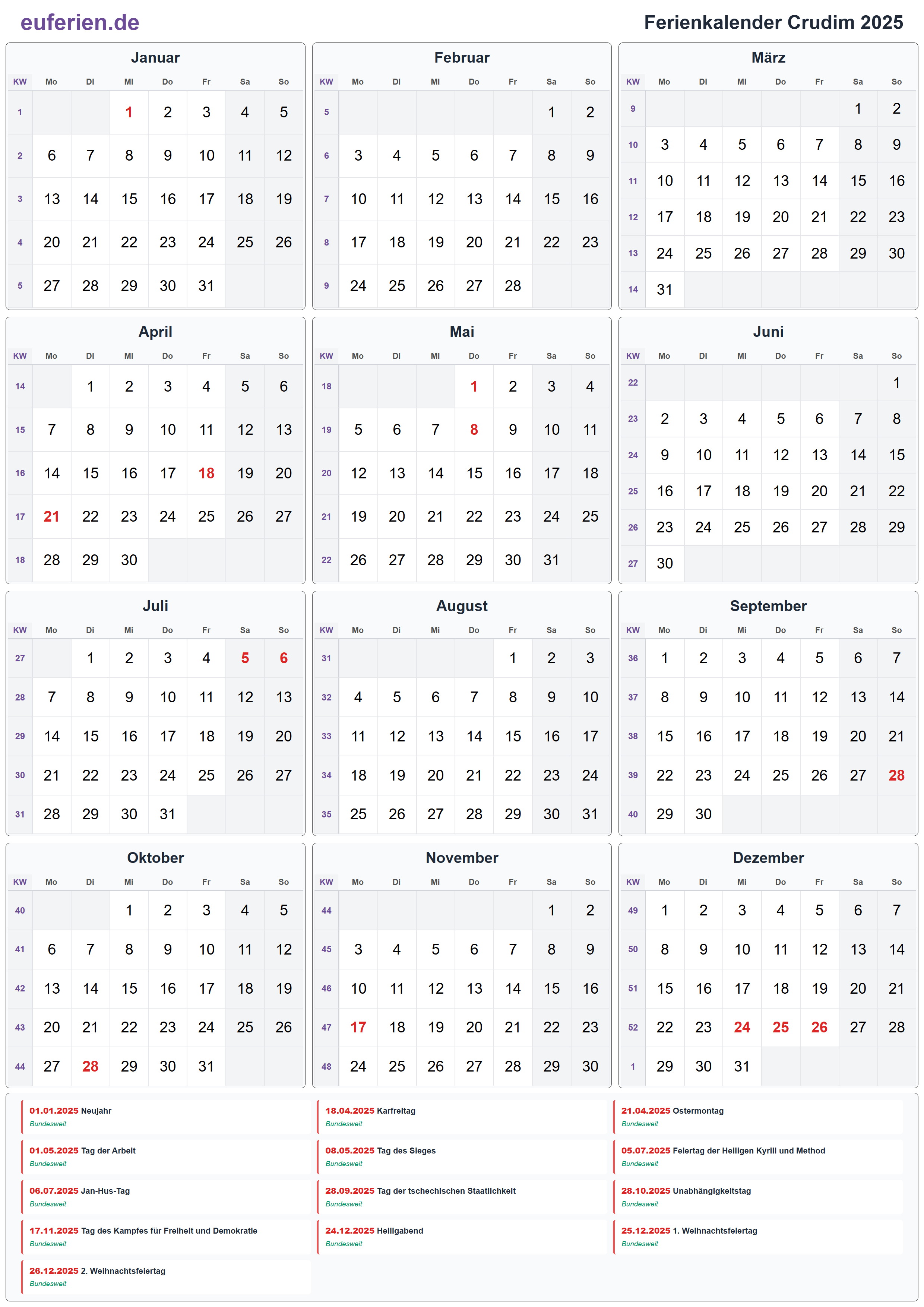 Ferienkalender Crudim 2025 – Hochformat