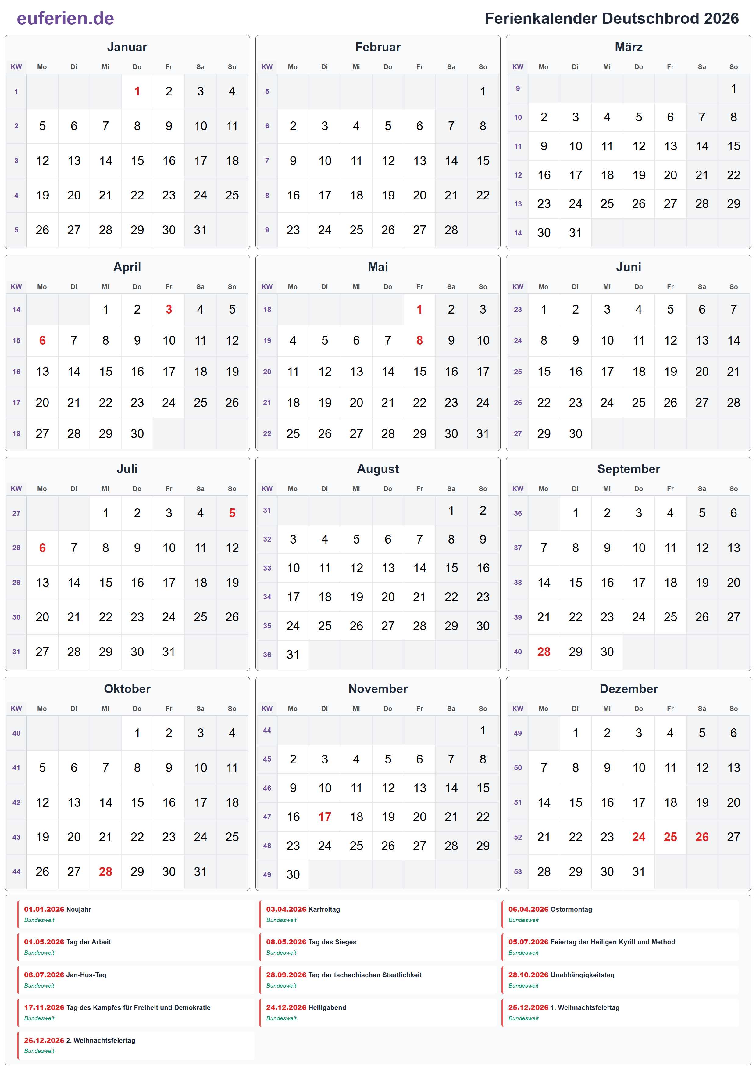 Ferienkalender Deutschbrod 2026 – Hochformat