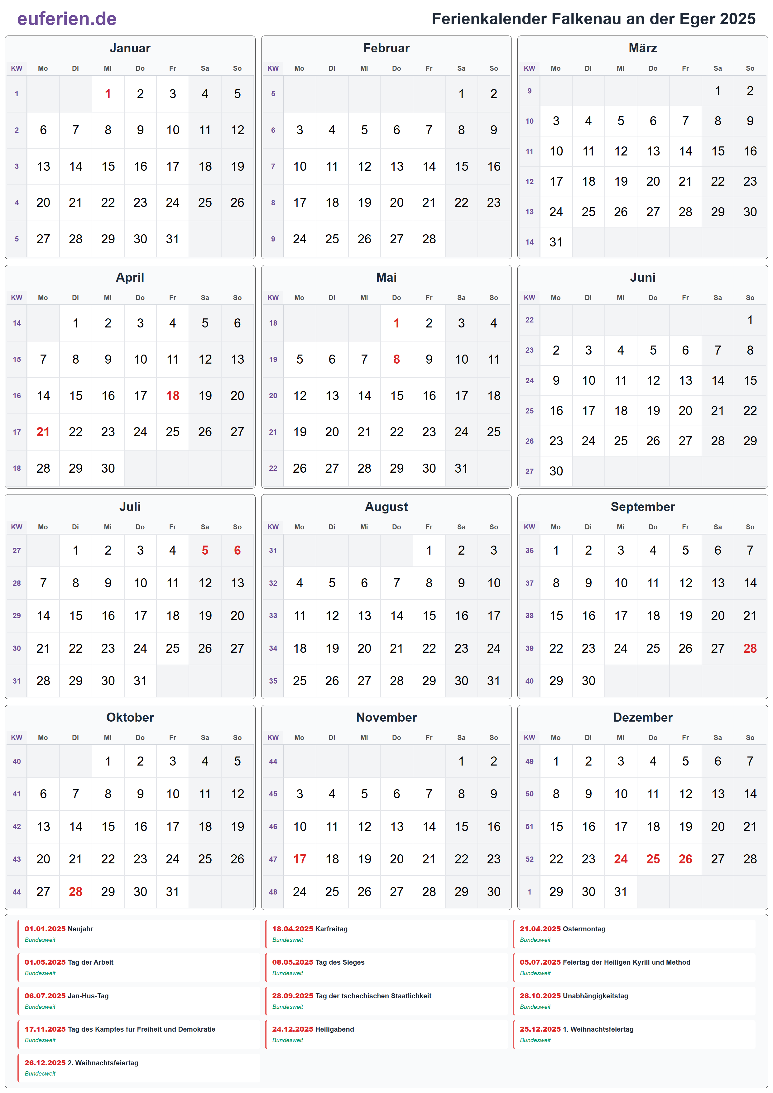 Ferienkalender Falkenau an der Eger 2025 – Hochformat