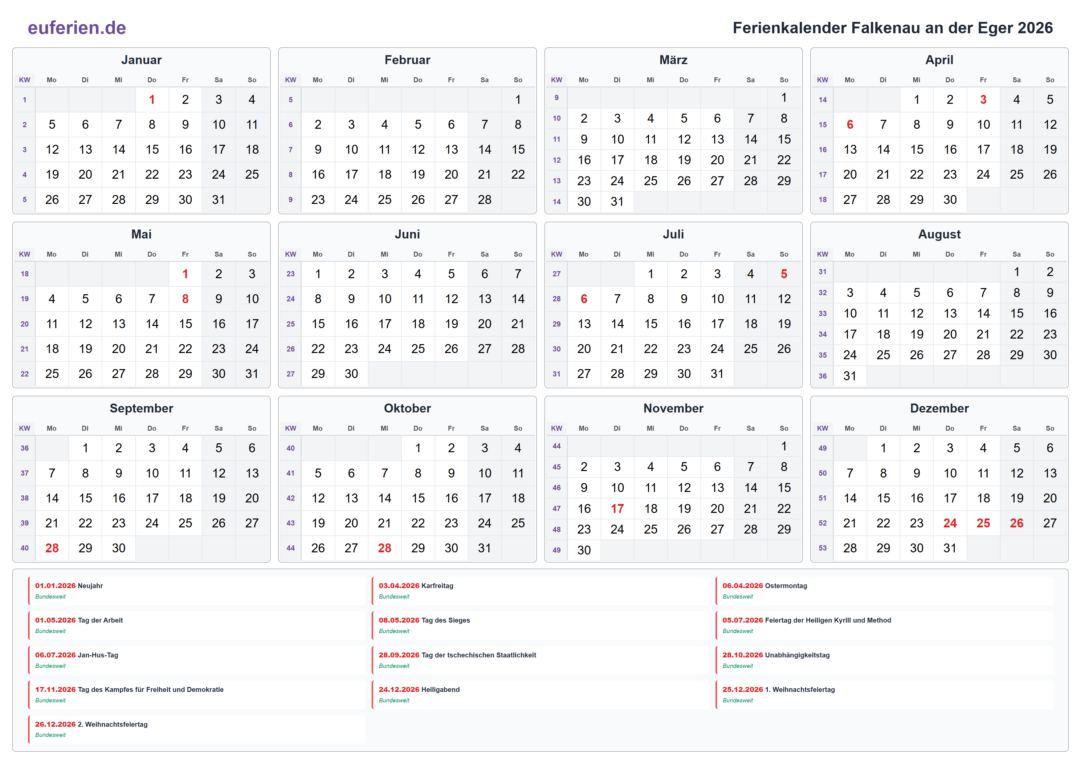 Ferienkalender Falkenau an der Eger 2026 – Querformat