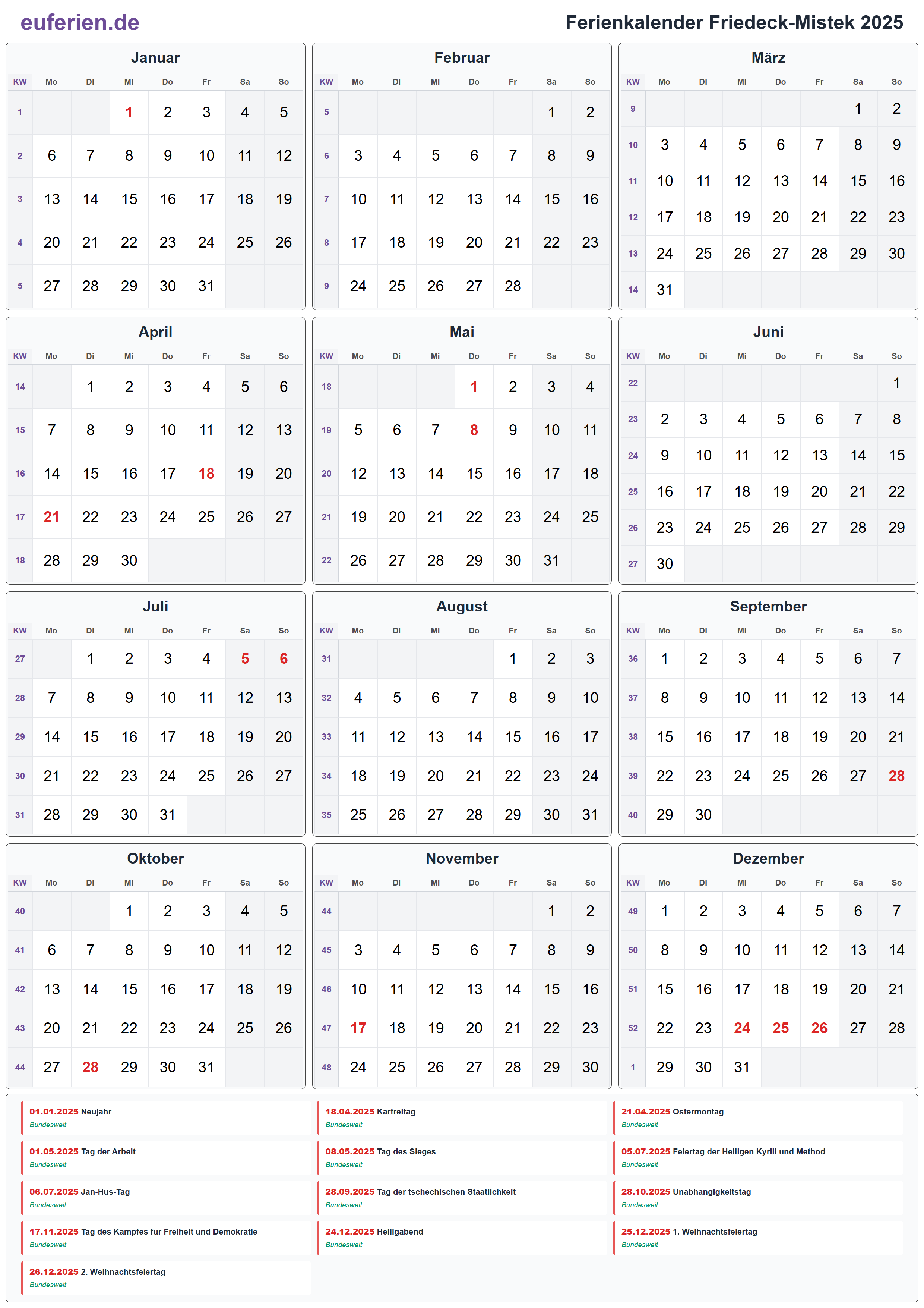 Ferienkalender Friedeck-Mistek 2025 – Hochformat
