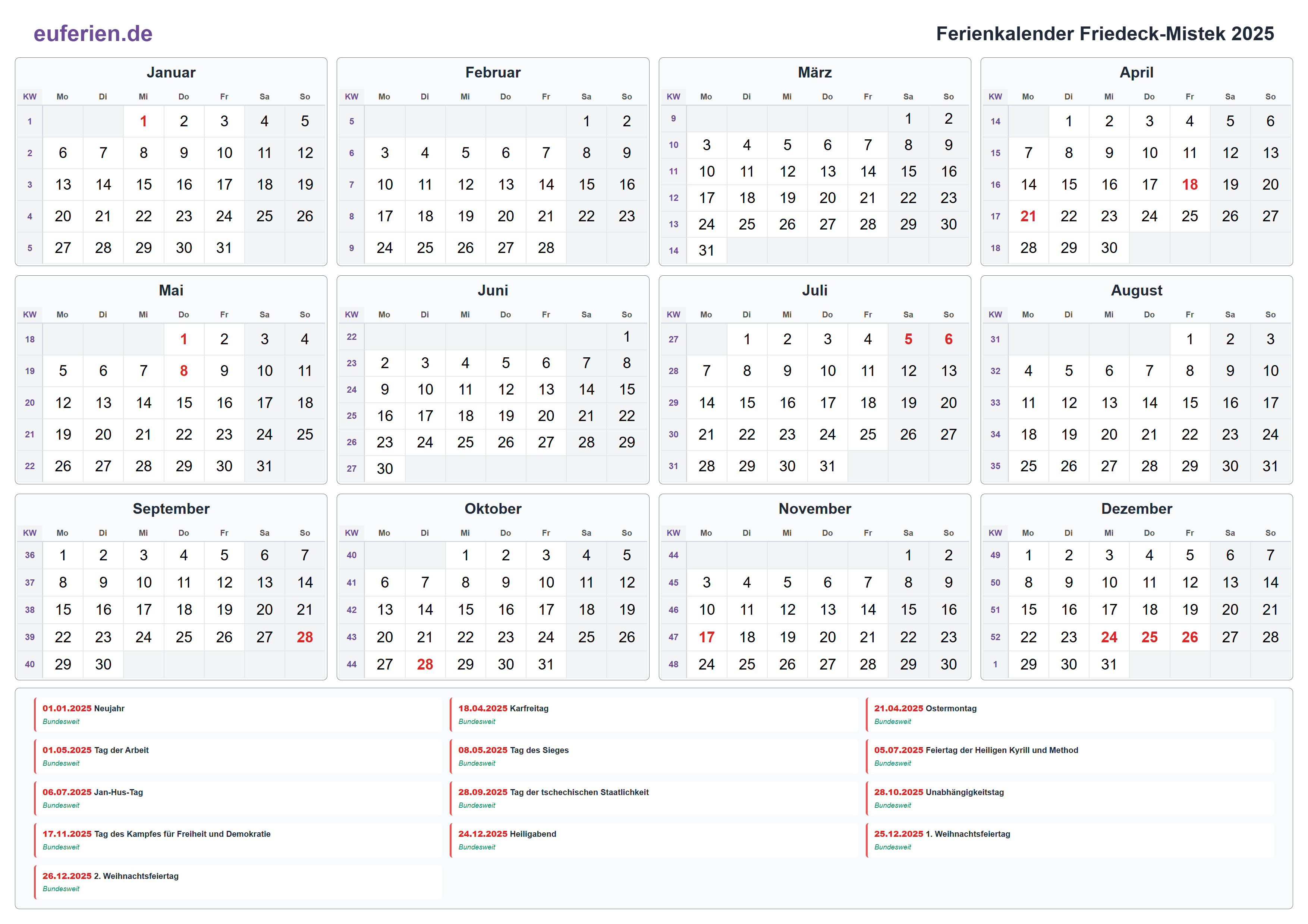 Ferienkalender Friedeck-Mistek 2025 – Querformat