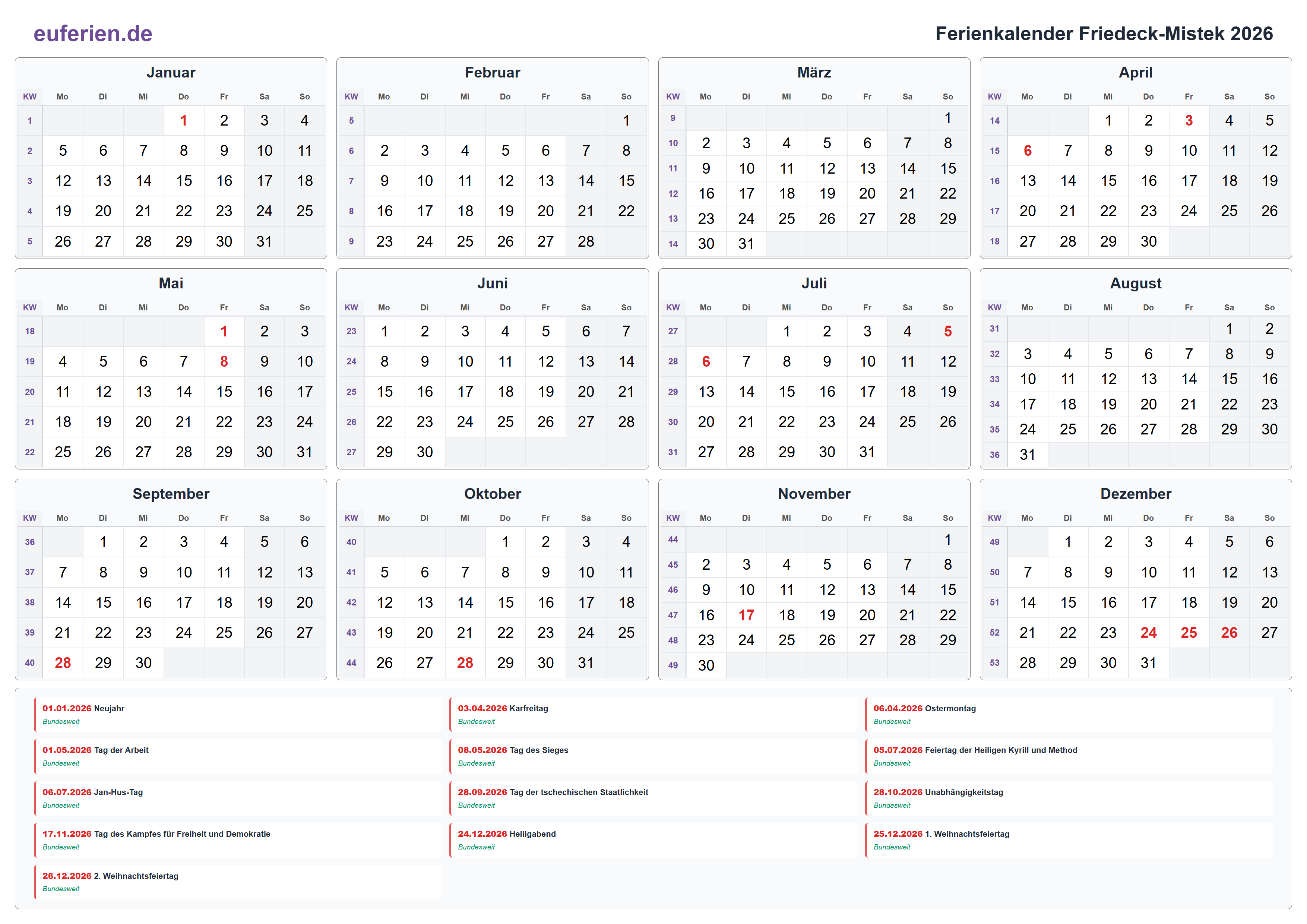 Ferienkalender Friedeck-Mistek 2026 – Querformat