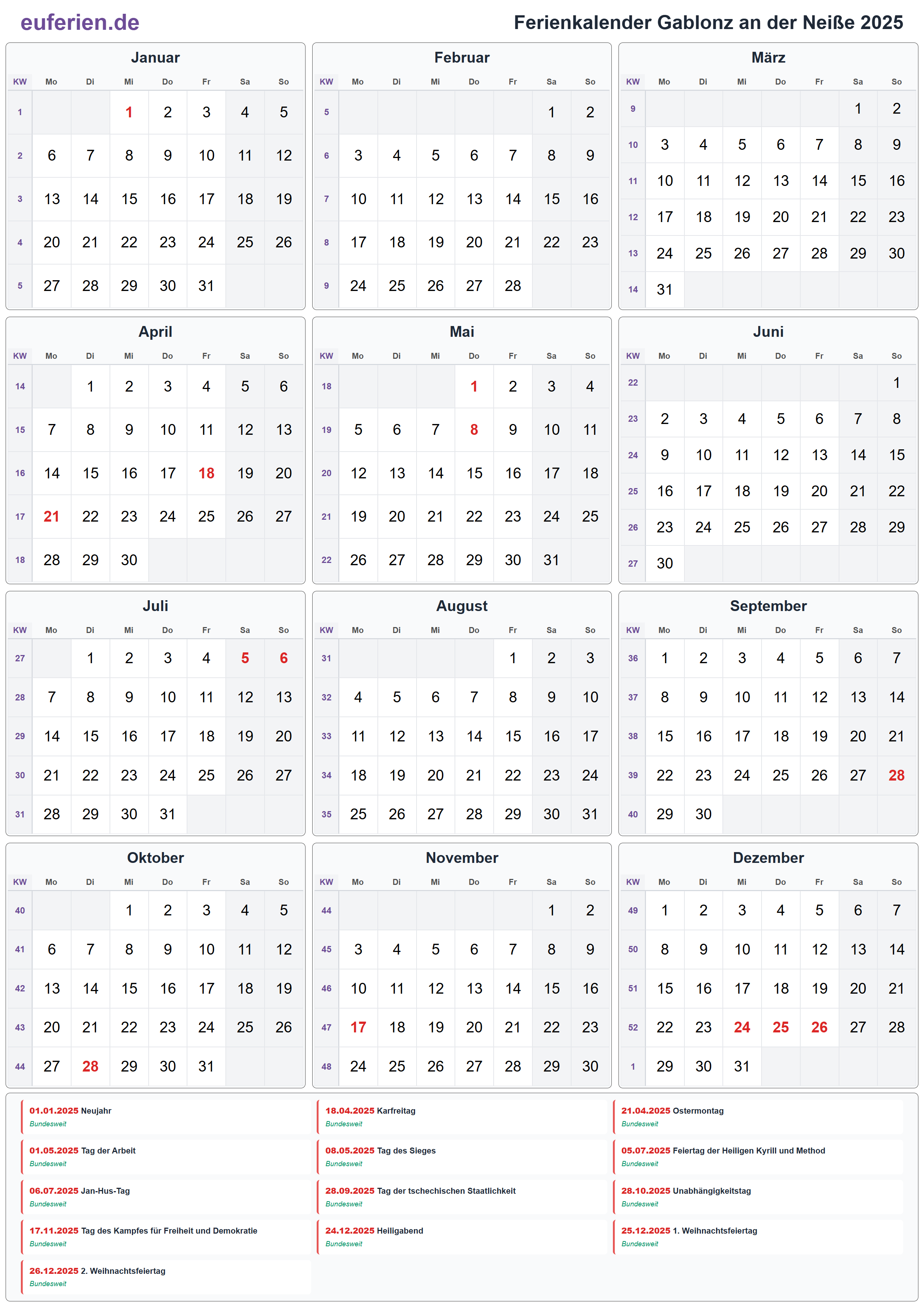 Ferienkalender Gablonz an der Neiße 2025 – Hochformat