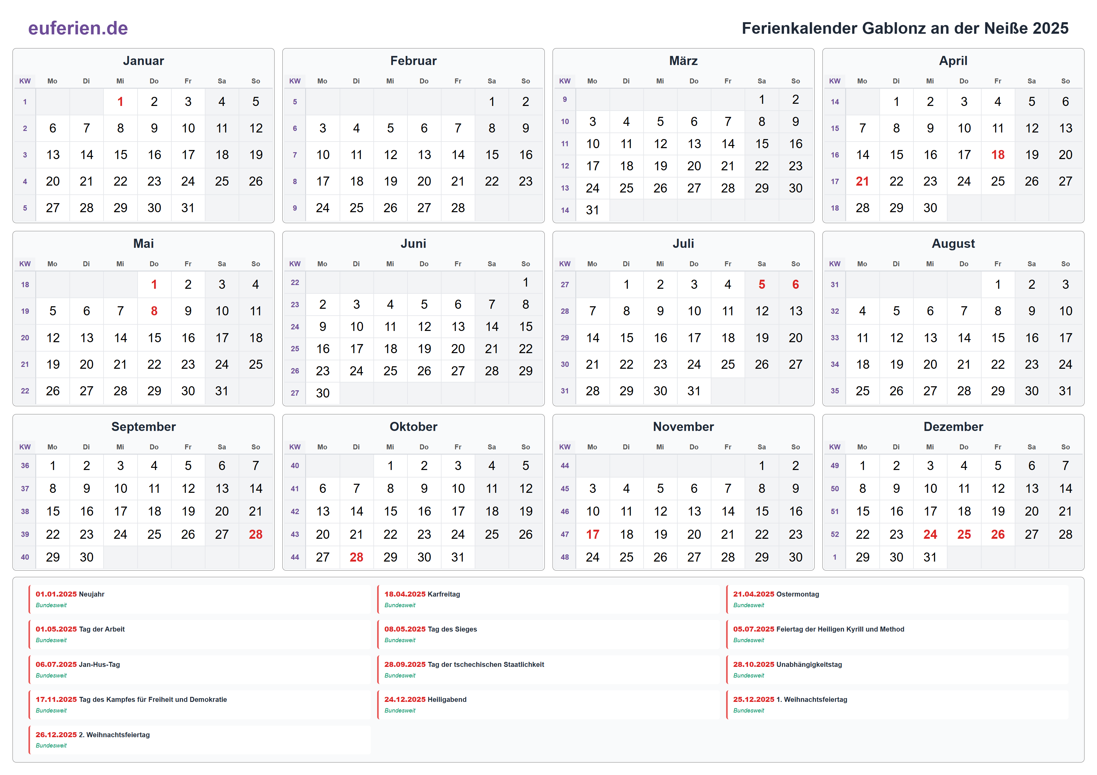 Ferienkalender Gablonz an der Neiße 2025 – Querformat