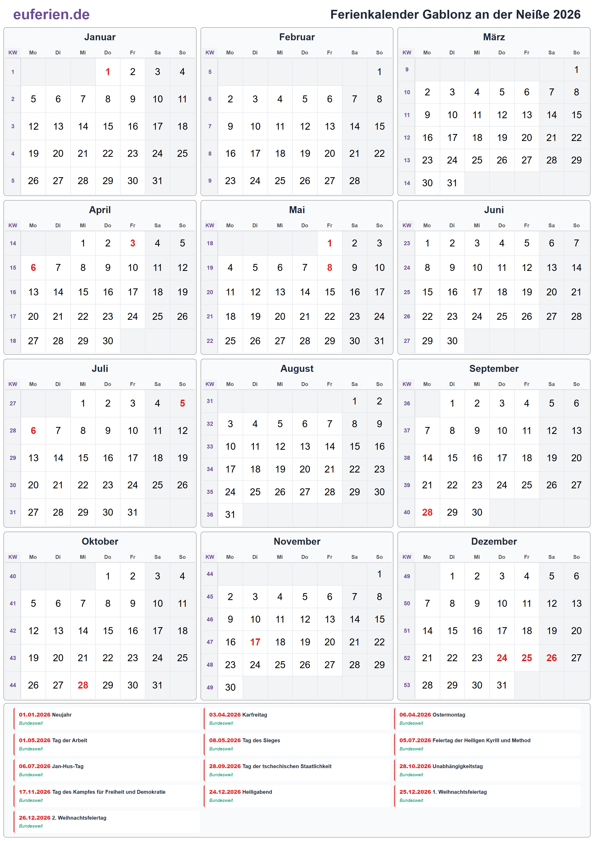Ferienkalender Gablonz an der Neiße 2026 – Hochformat
