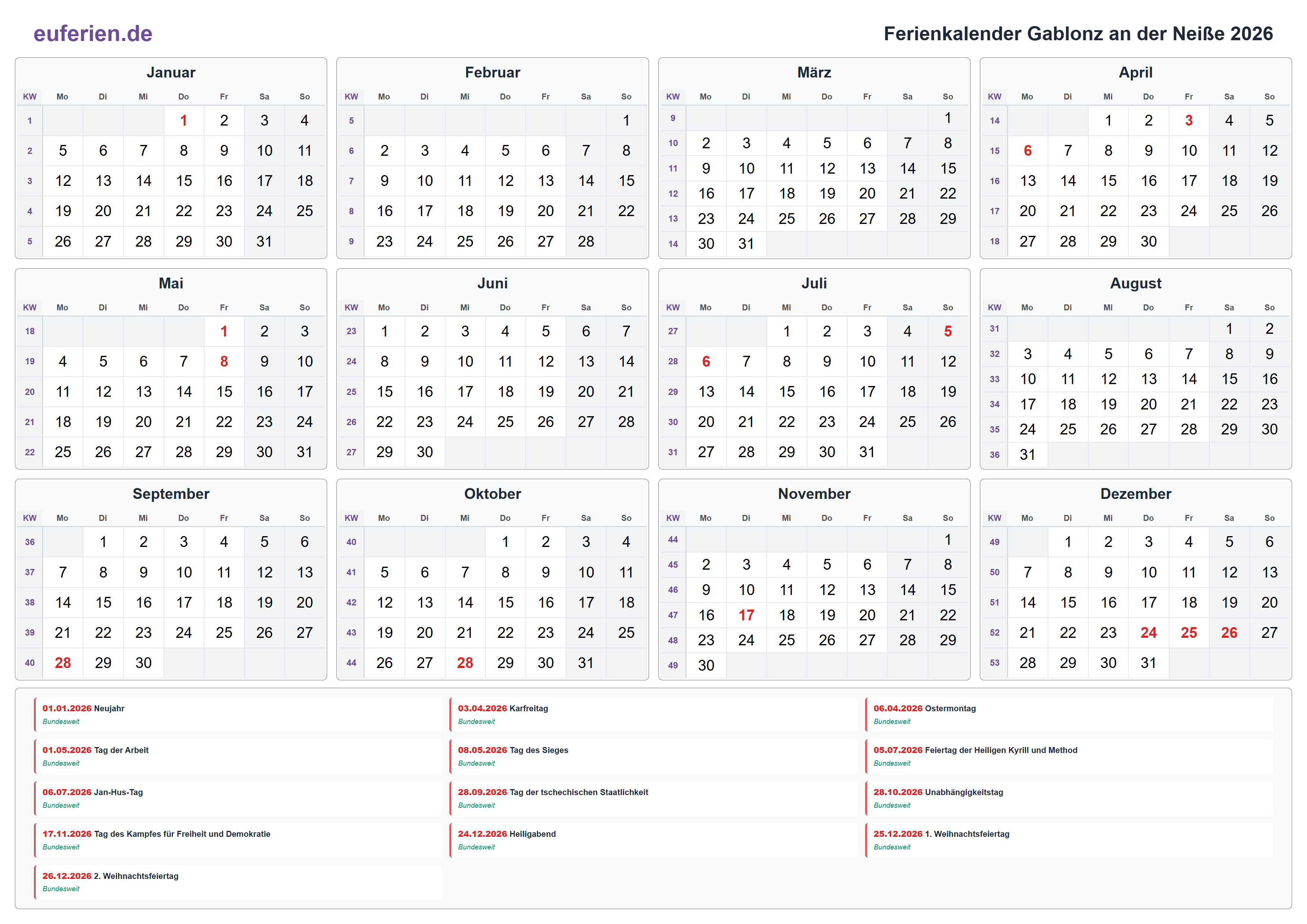 Ferienkalender Gablonz an der Neiße 2026 – Querformat