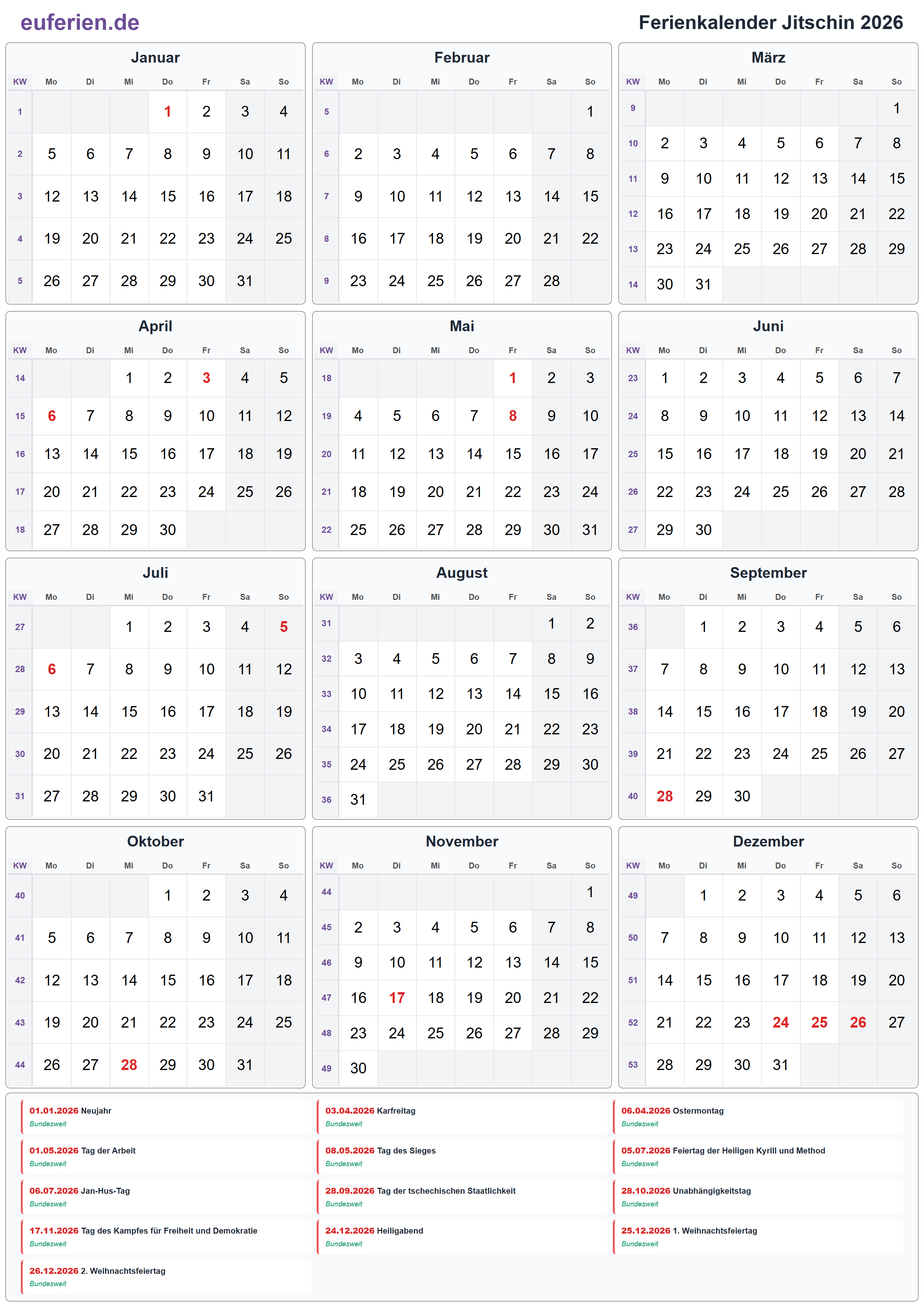 Ferienkalender Jitschin 2026 – Hochformat