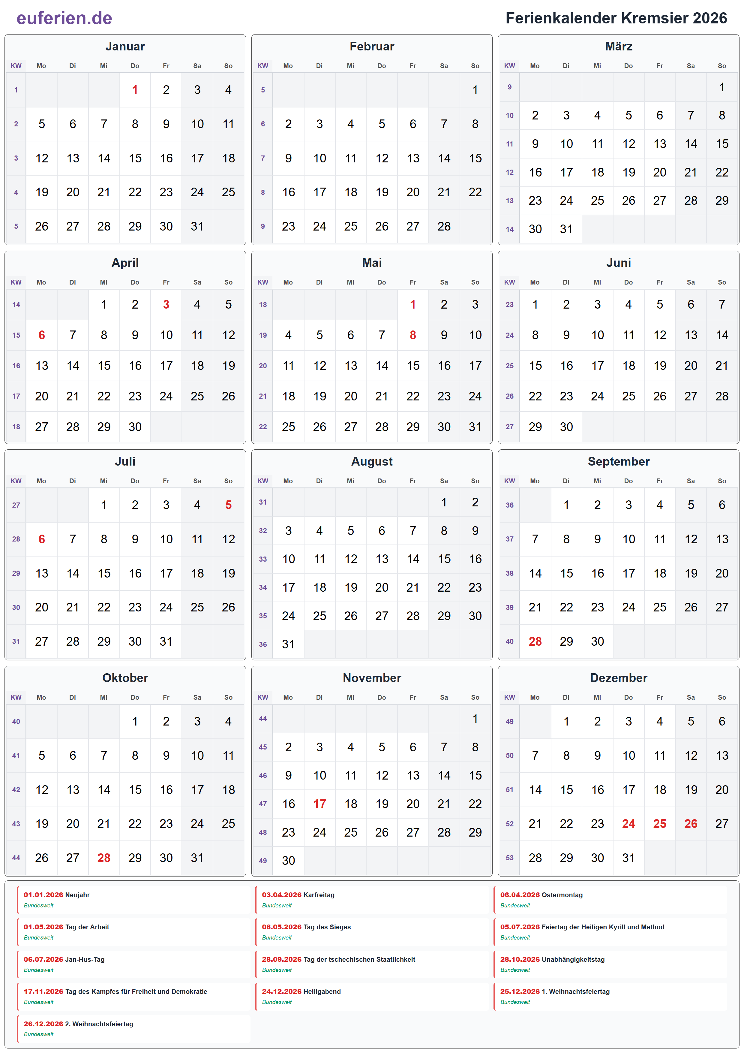 Ferienkalender Kremsier 2026 – Hochformat