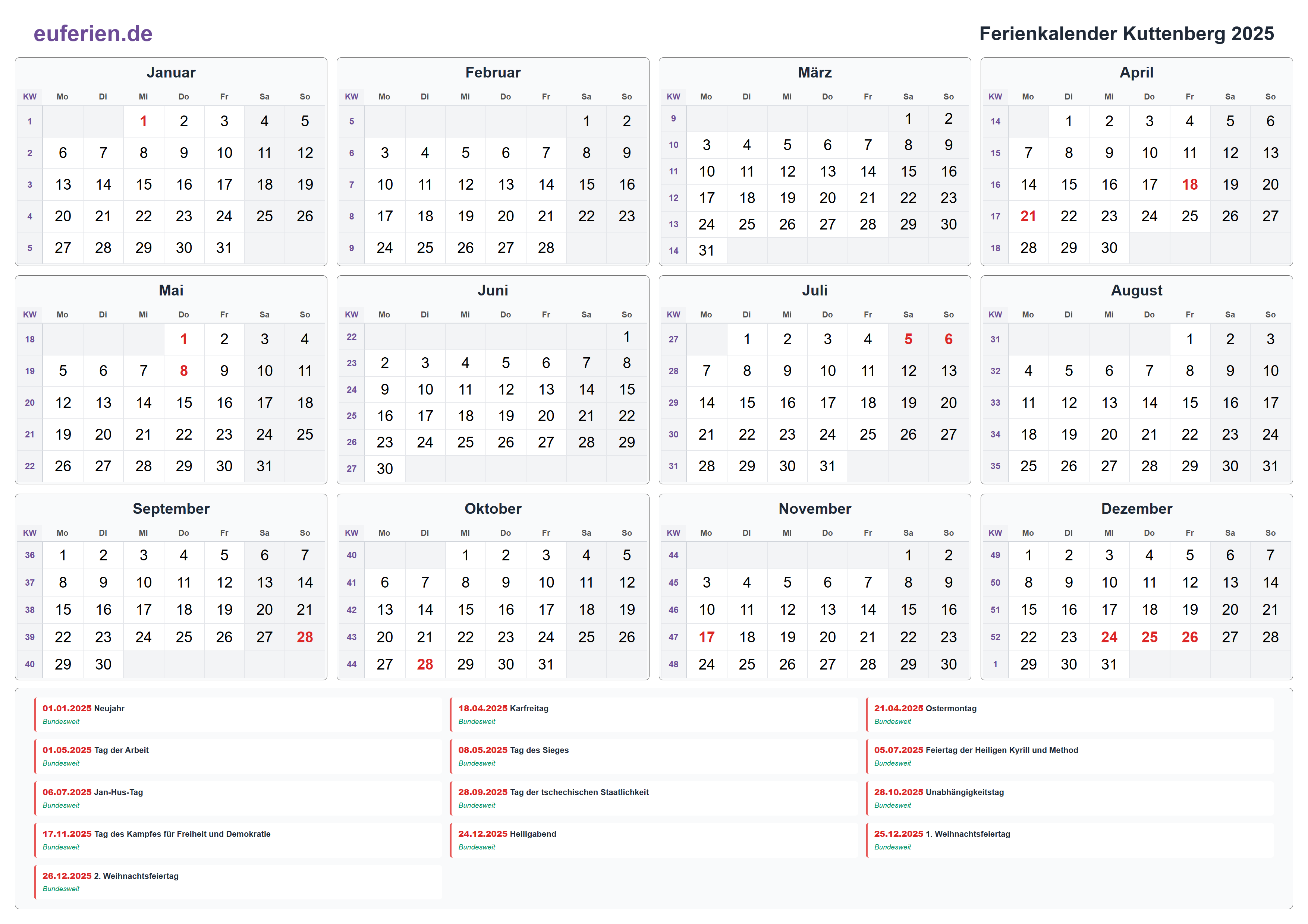 Ferienkalender Kuttenberg 2025 – Querformat
