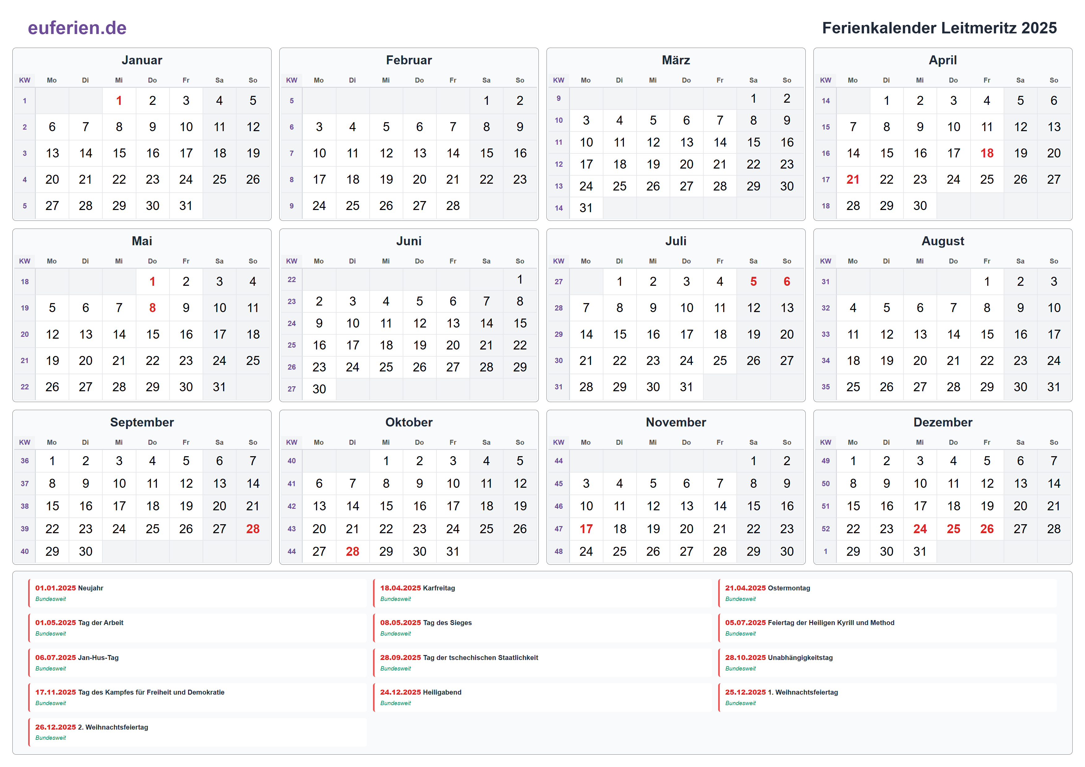 Ferienkalender Leitmeritz 2025 – Querformat