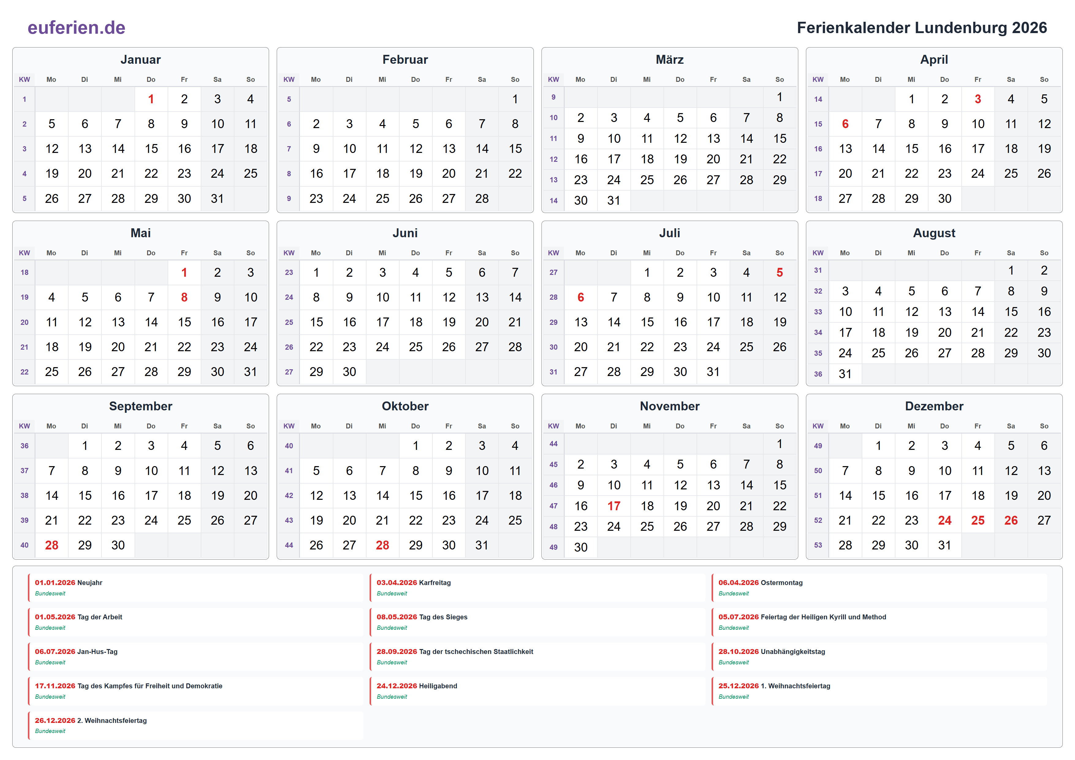 Ferienkalender Lundenburg 2026 – Querformat