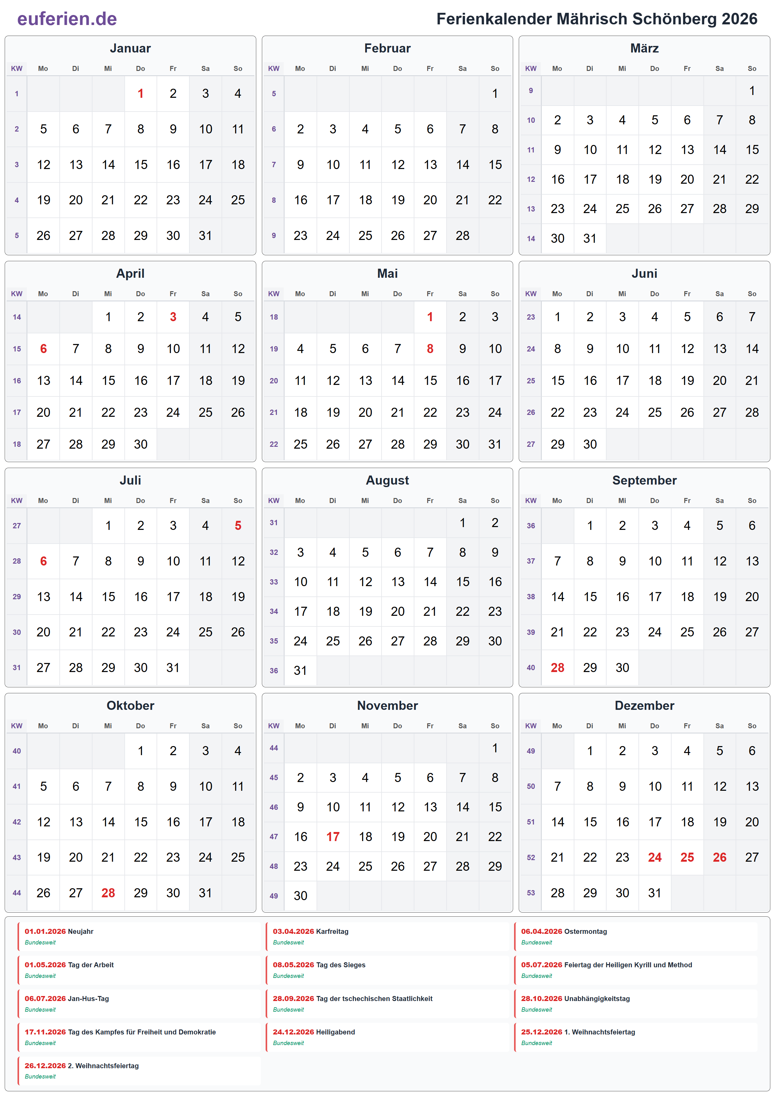 Ferienkalender Mährisch Schönberg 2026 – Hochformat