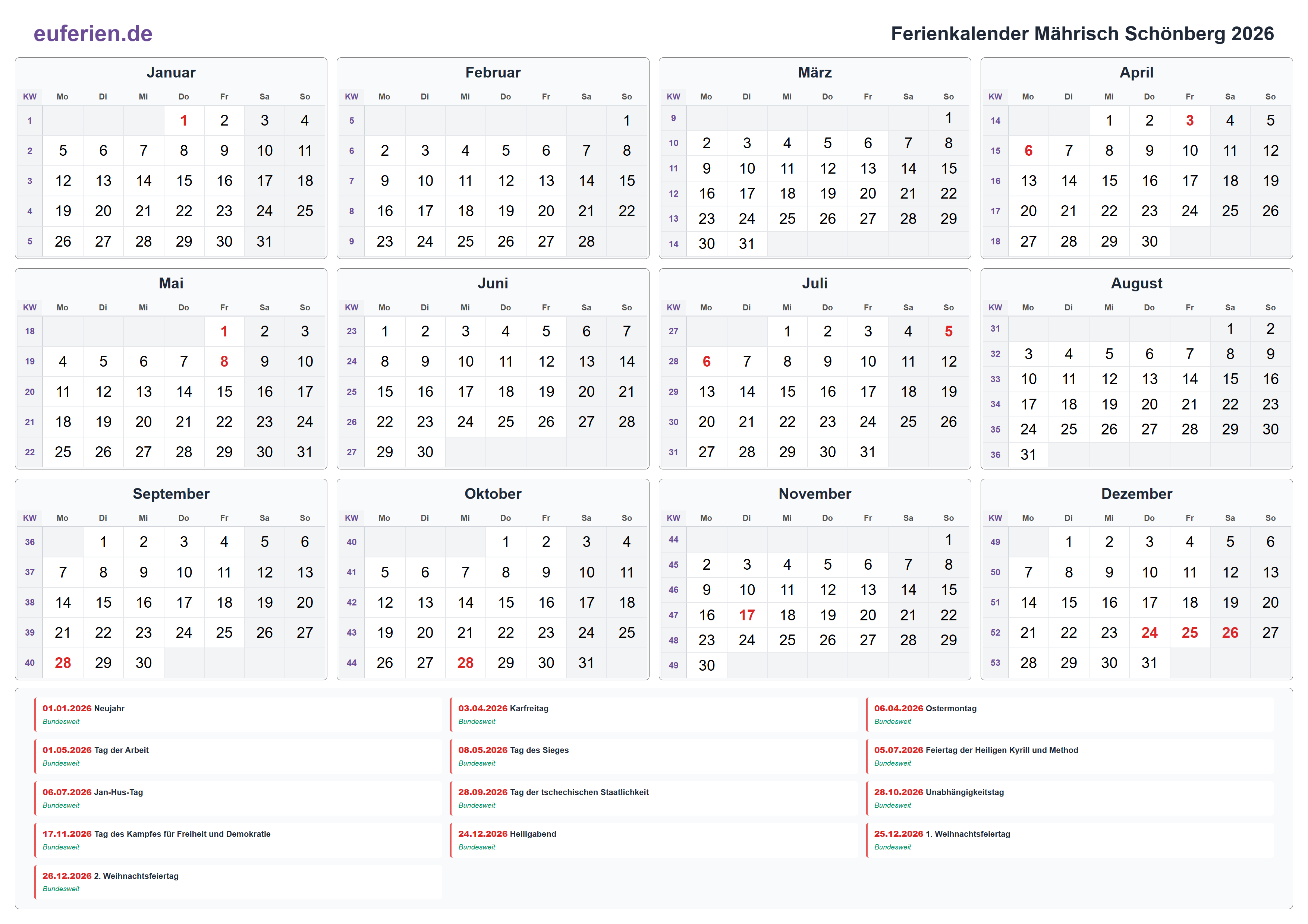 Ferienkalender Mährisch Schönberg 2026 – Querformat