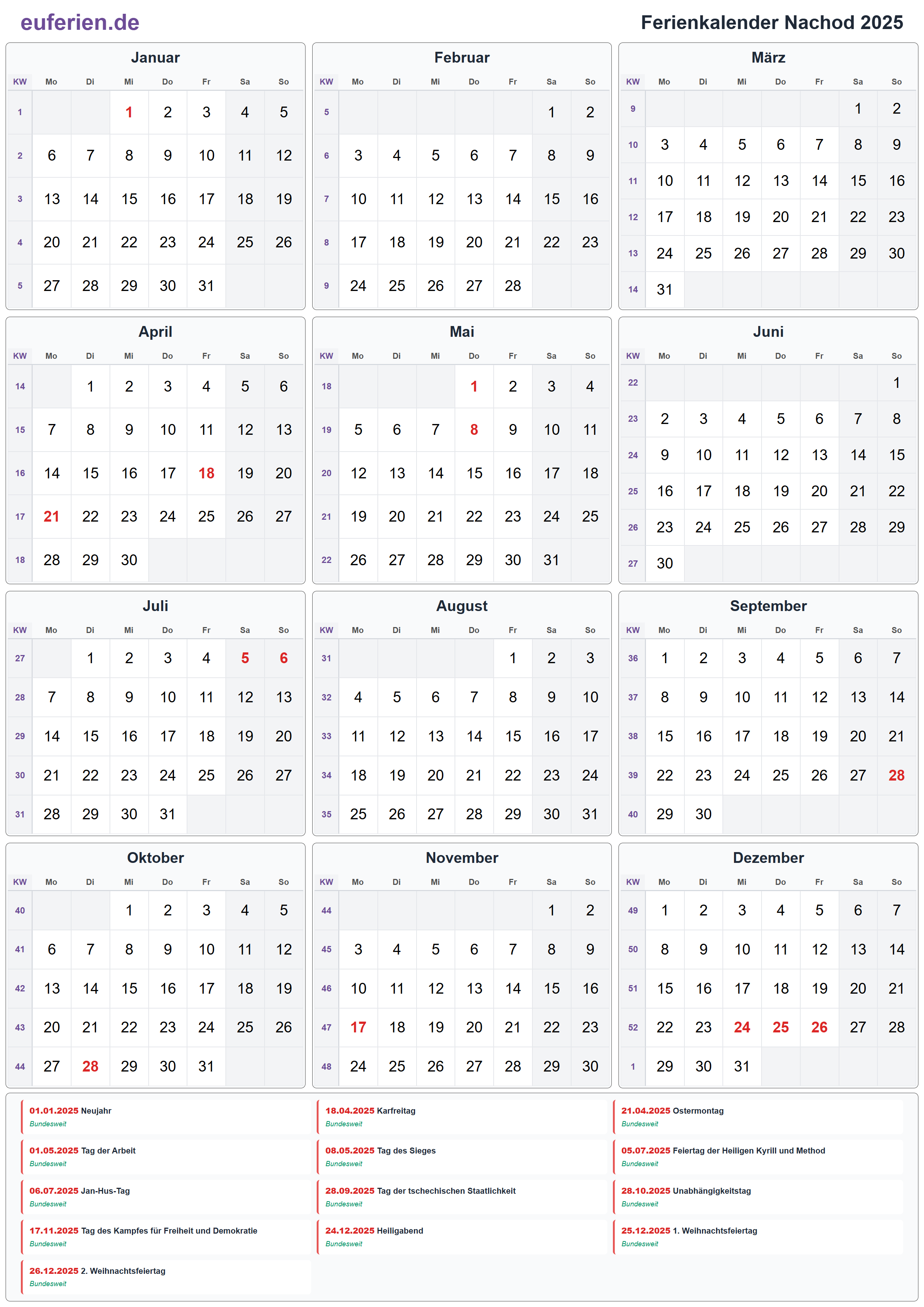 Ferienkalender Nachod 2025 – Hochformat