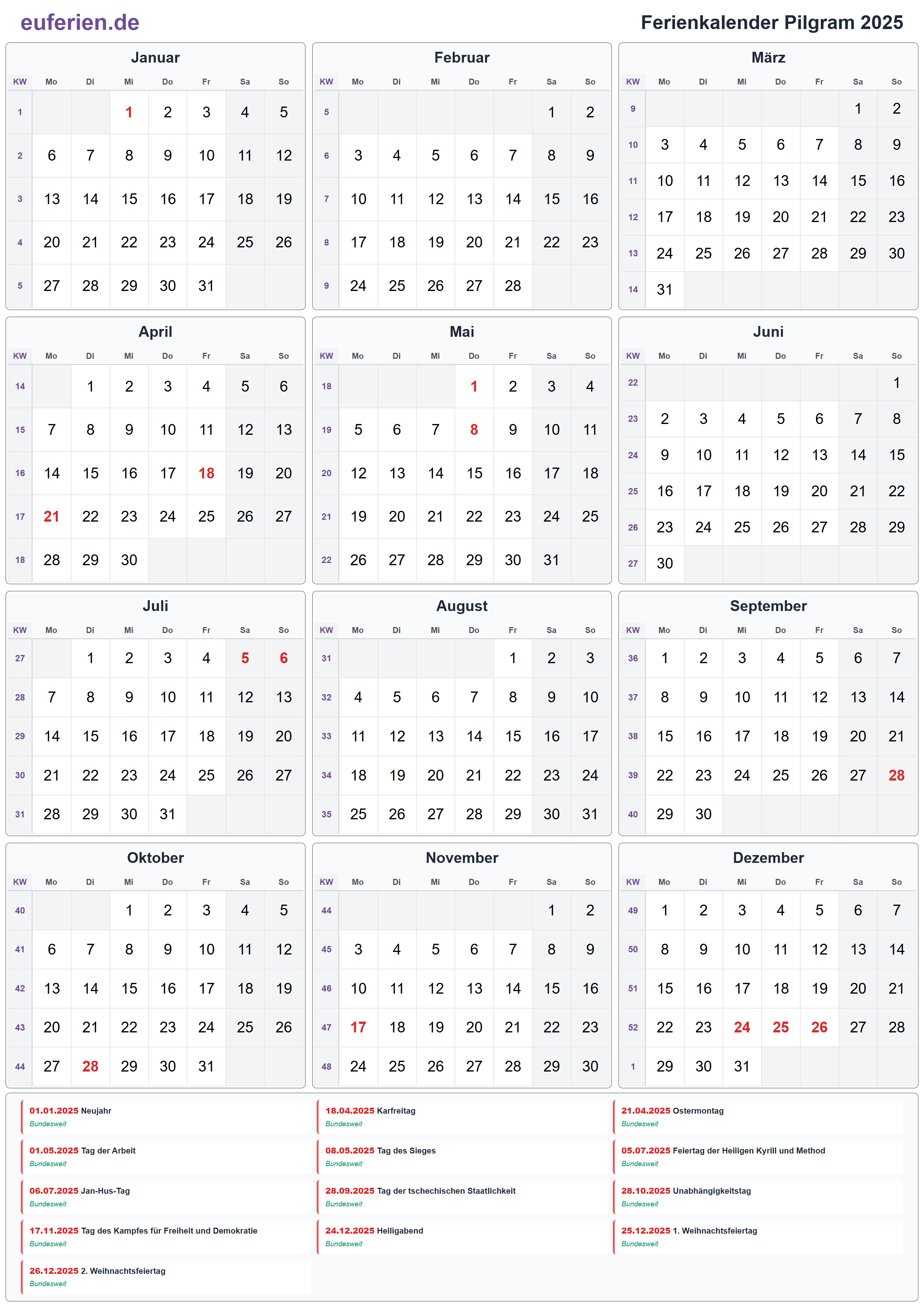 Ferienkalender Pilgram 2025 – Hochformat