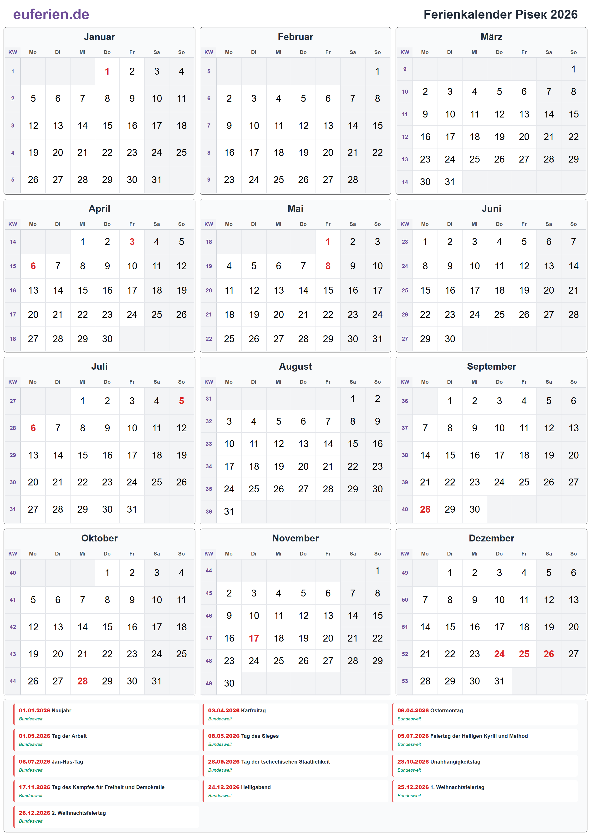 Ferienkalender Pisек 2026 – Hochformat