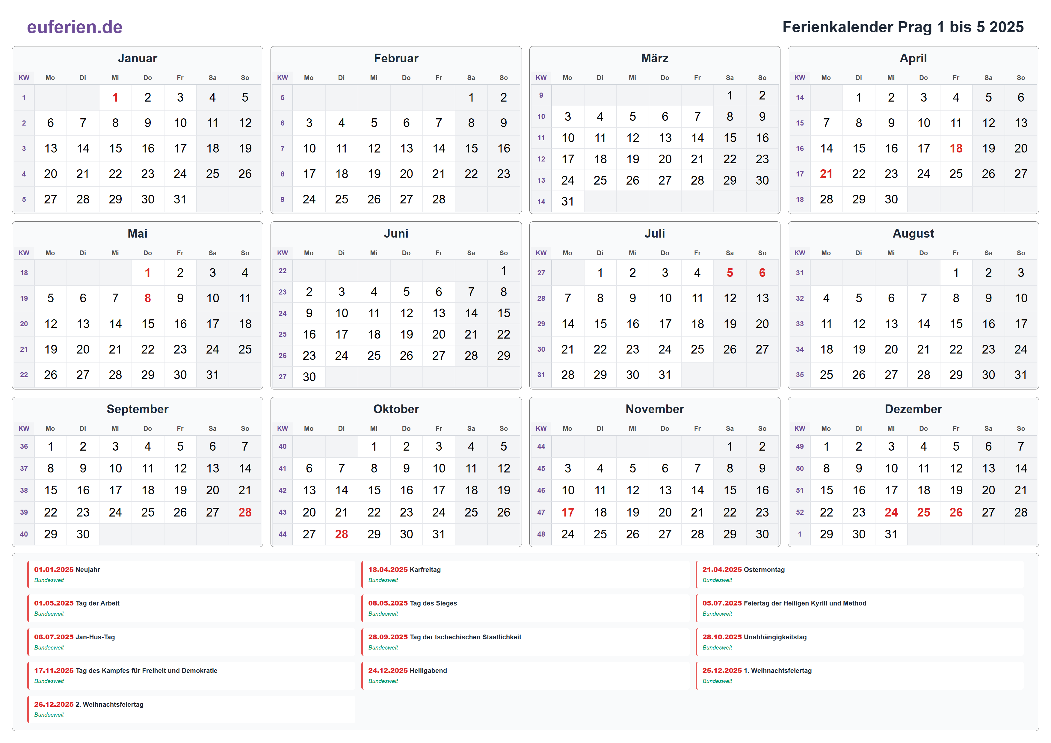 Ferienkalender Prag 1 bis 5 2025 – Querformat