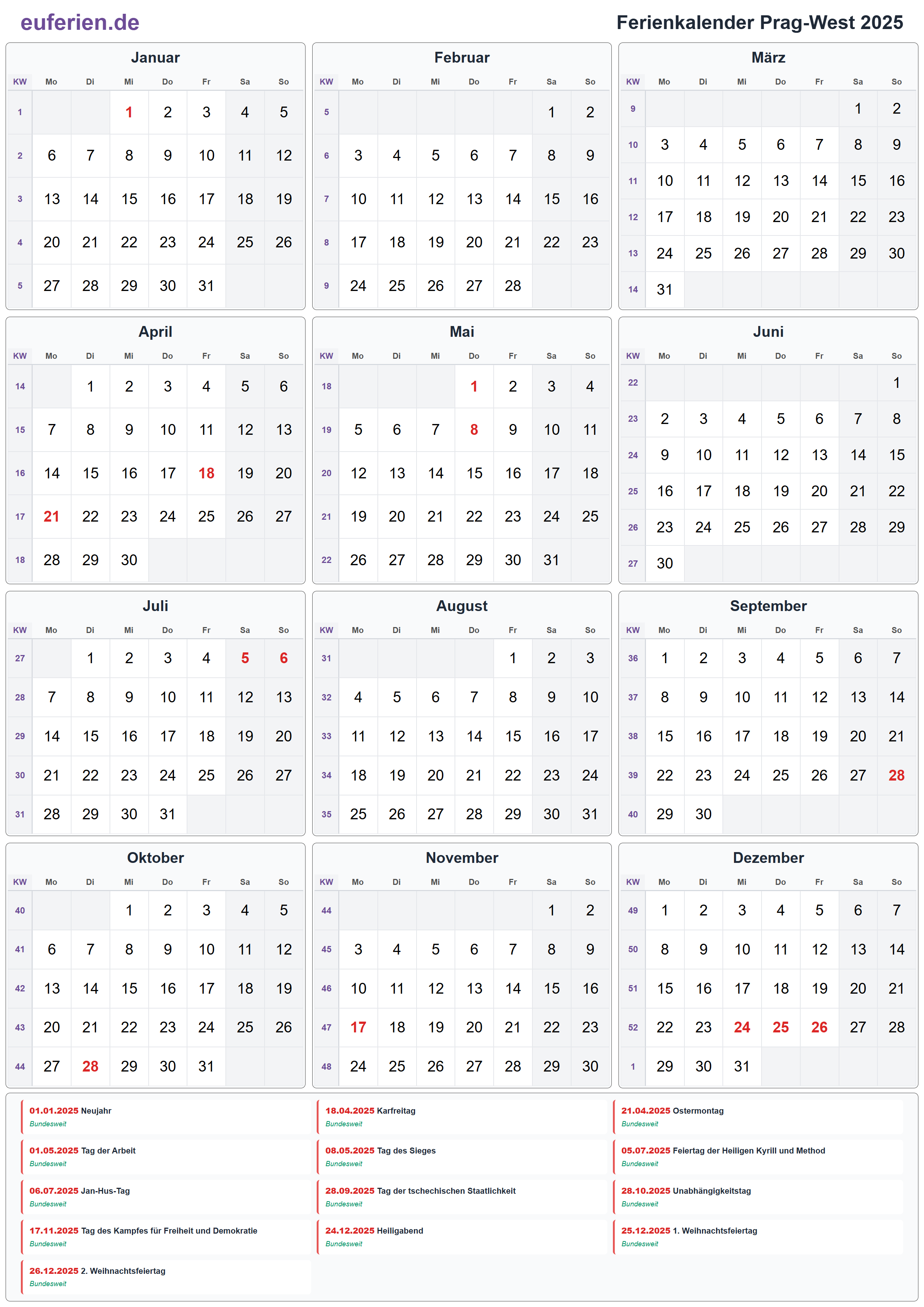 Ferienkalender Prag-West 2025 – Hochformat