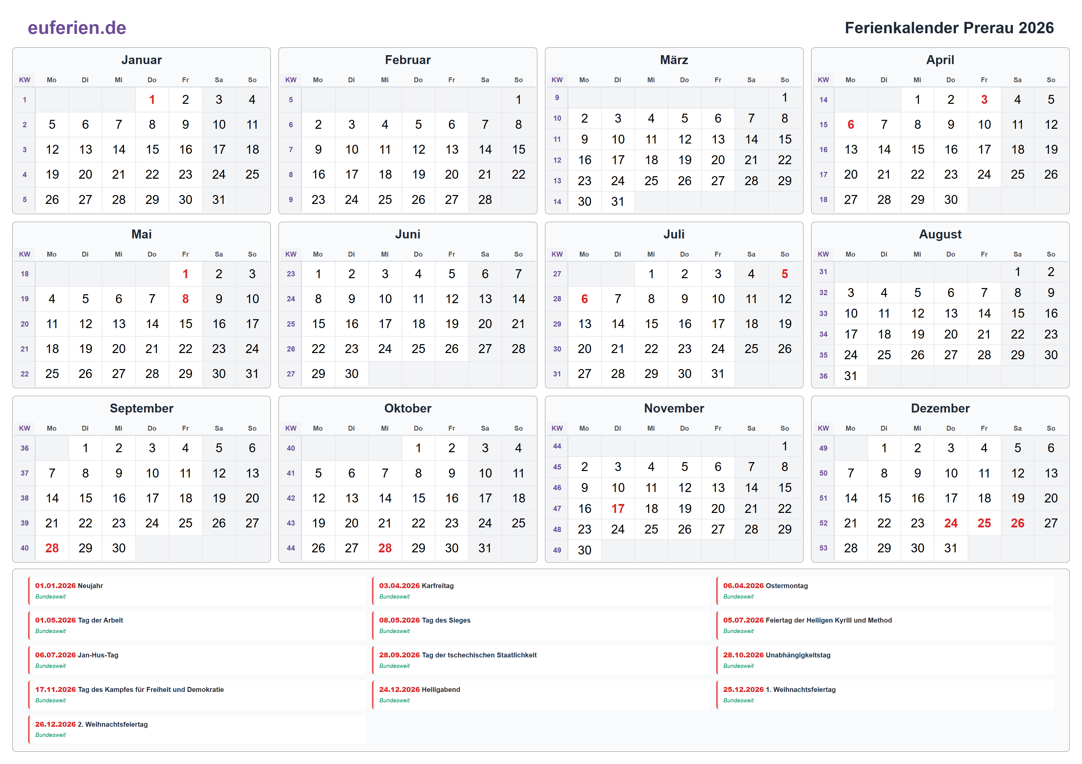 Ferienkalender Prerau 2026 – Querformat