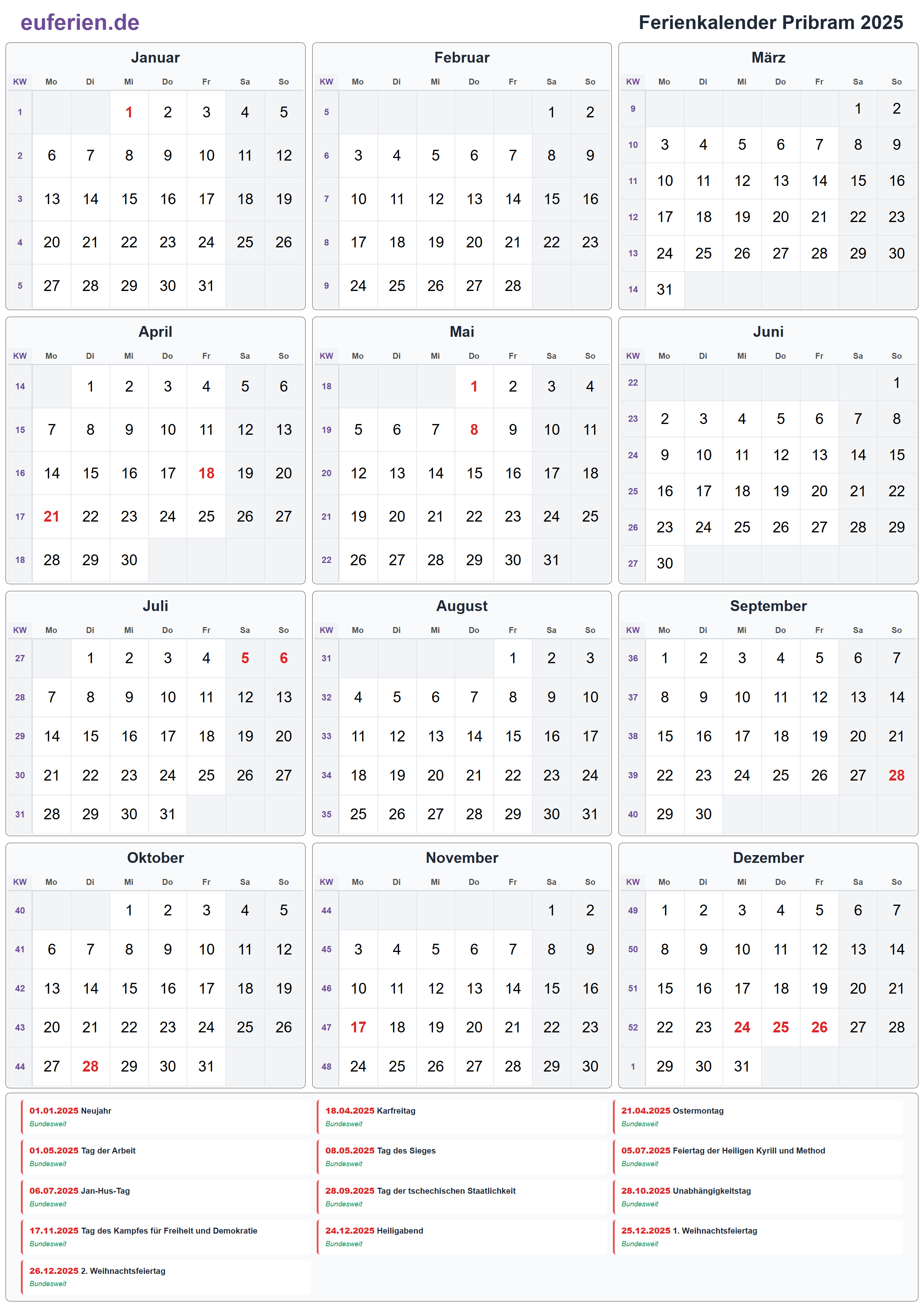 Ferienkalender Pribram 2025 – Hochformat