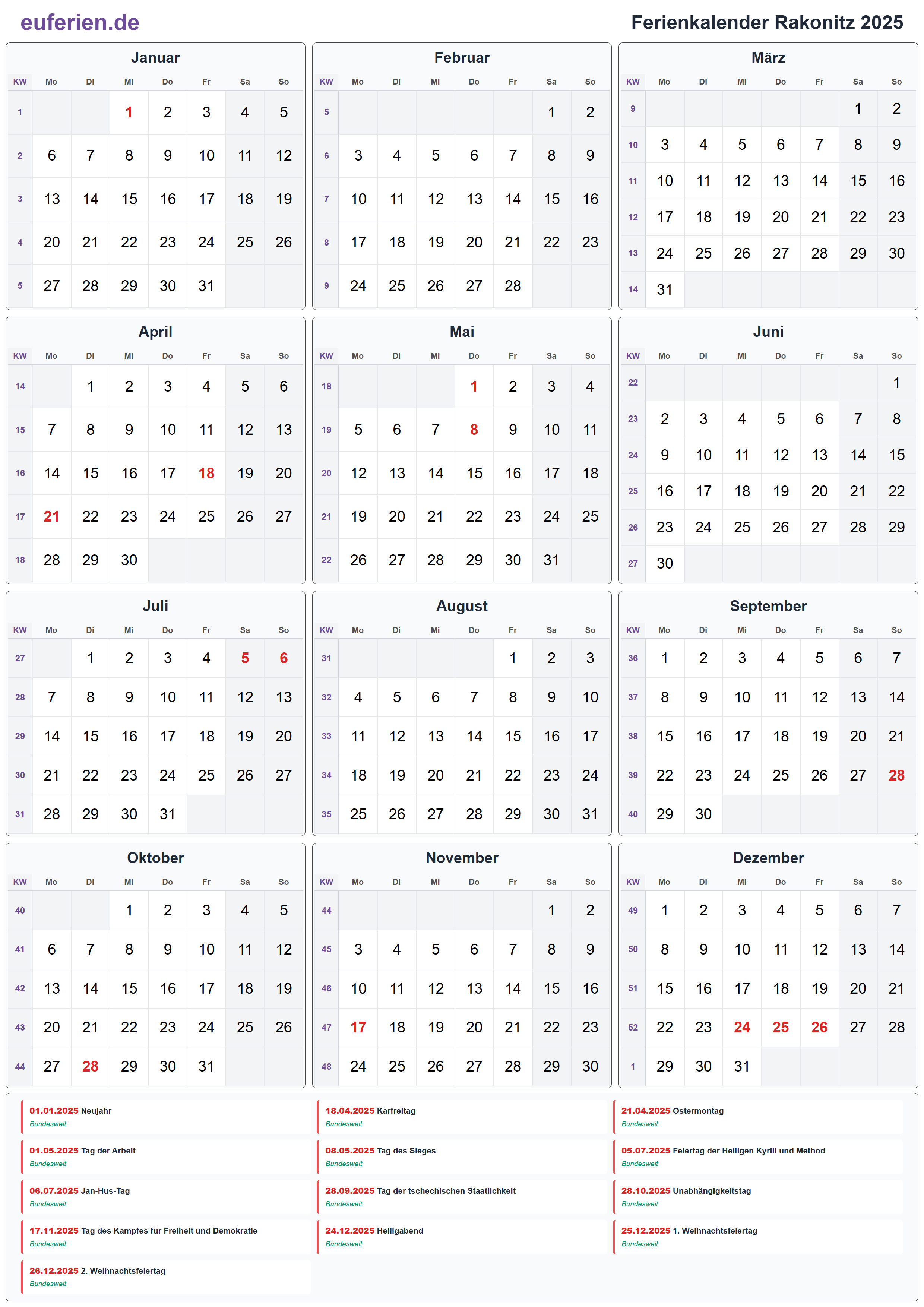 Ferienkalender Rakonitz 2025 – Hochformat