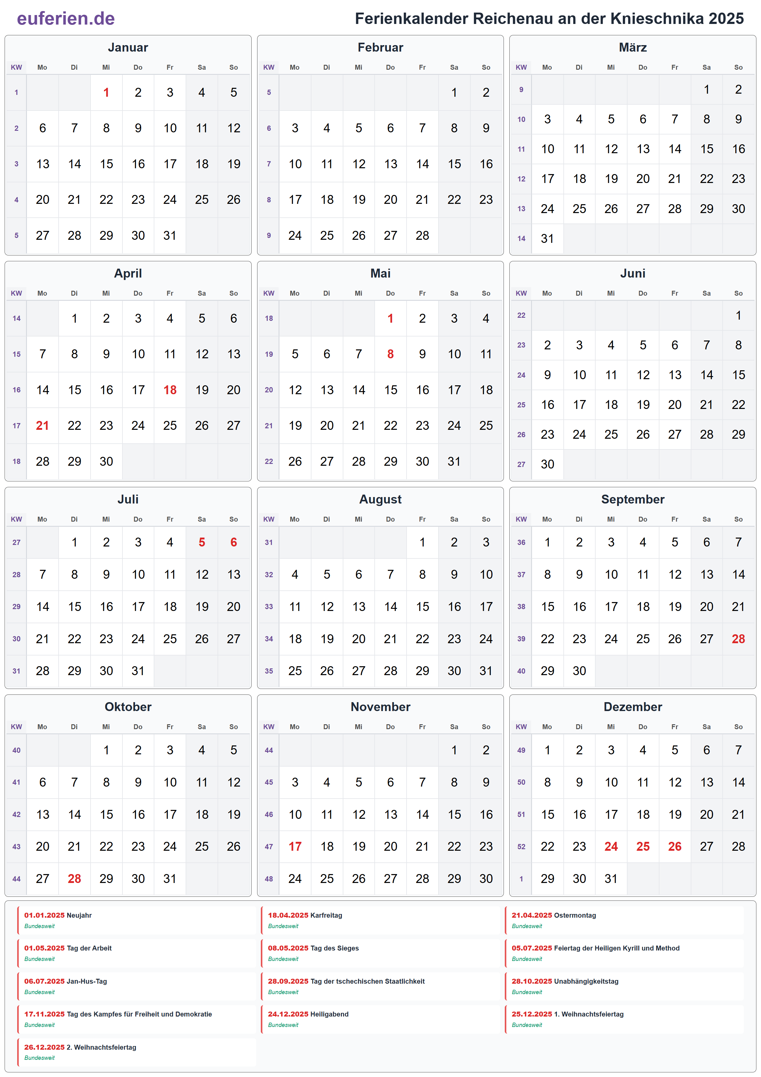 Ferienkalender Reichenau an der Knieschnika 2025 – Hochformat
